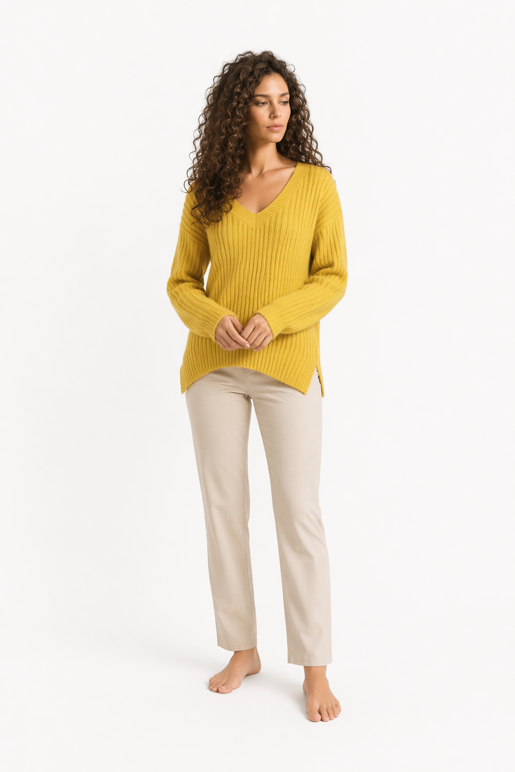 Ribbed Knit Sweater for Women with a V-Neck Design Yelow