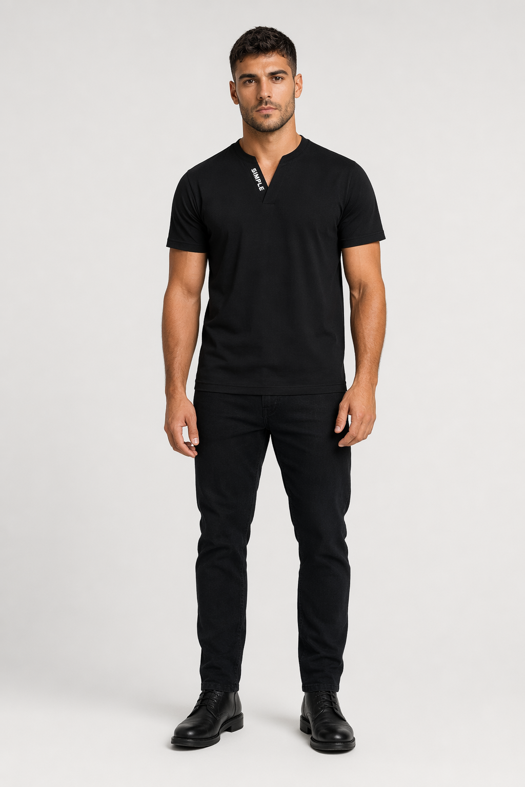 Slim Fit Men's Casual V-Neck Tee Black
