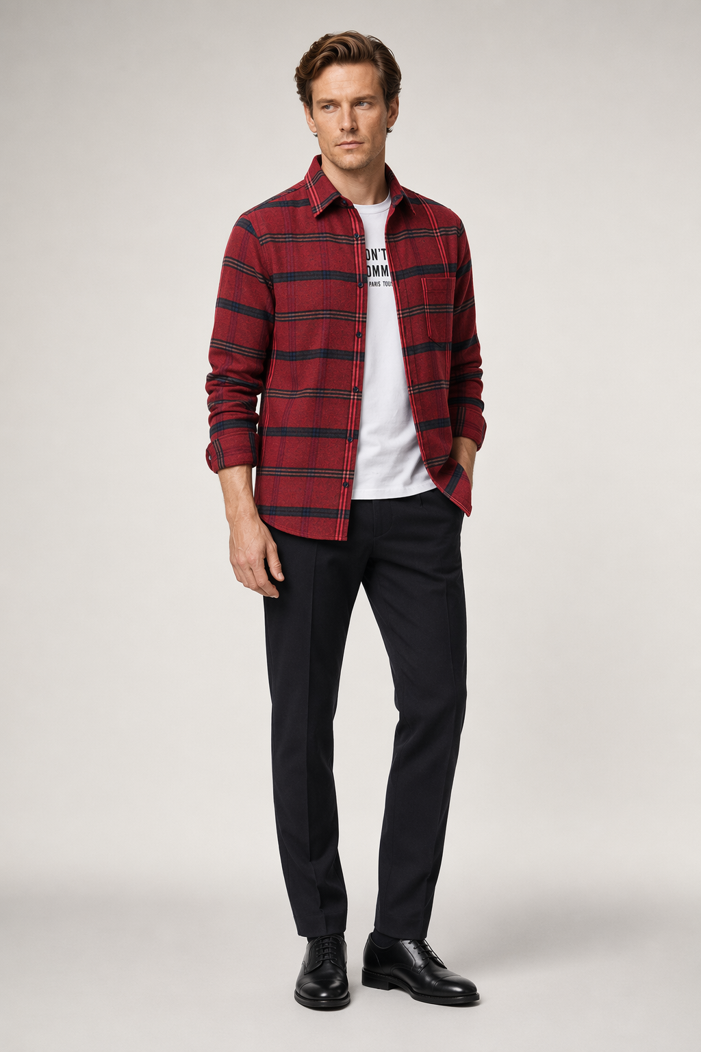 Casual Plaid Shirt with Long Sleeves for Men Red