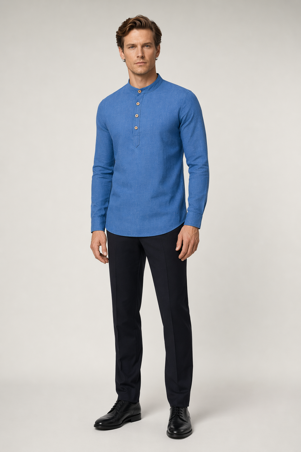 Linen Half-Button Round Neck Men's Shirt Blue