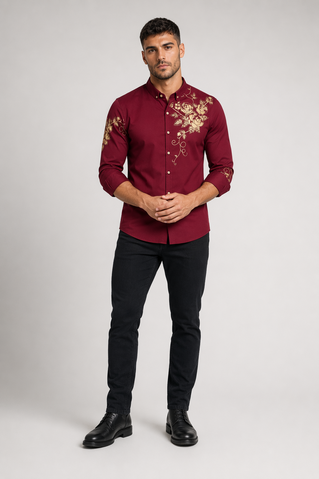 Floral Print Men's Button-Down Shirt Red