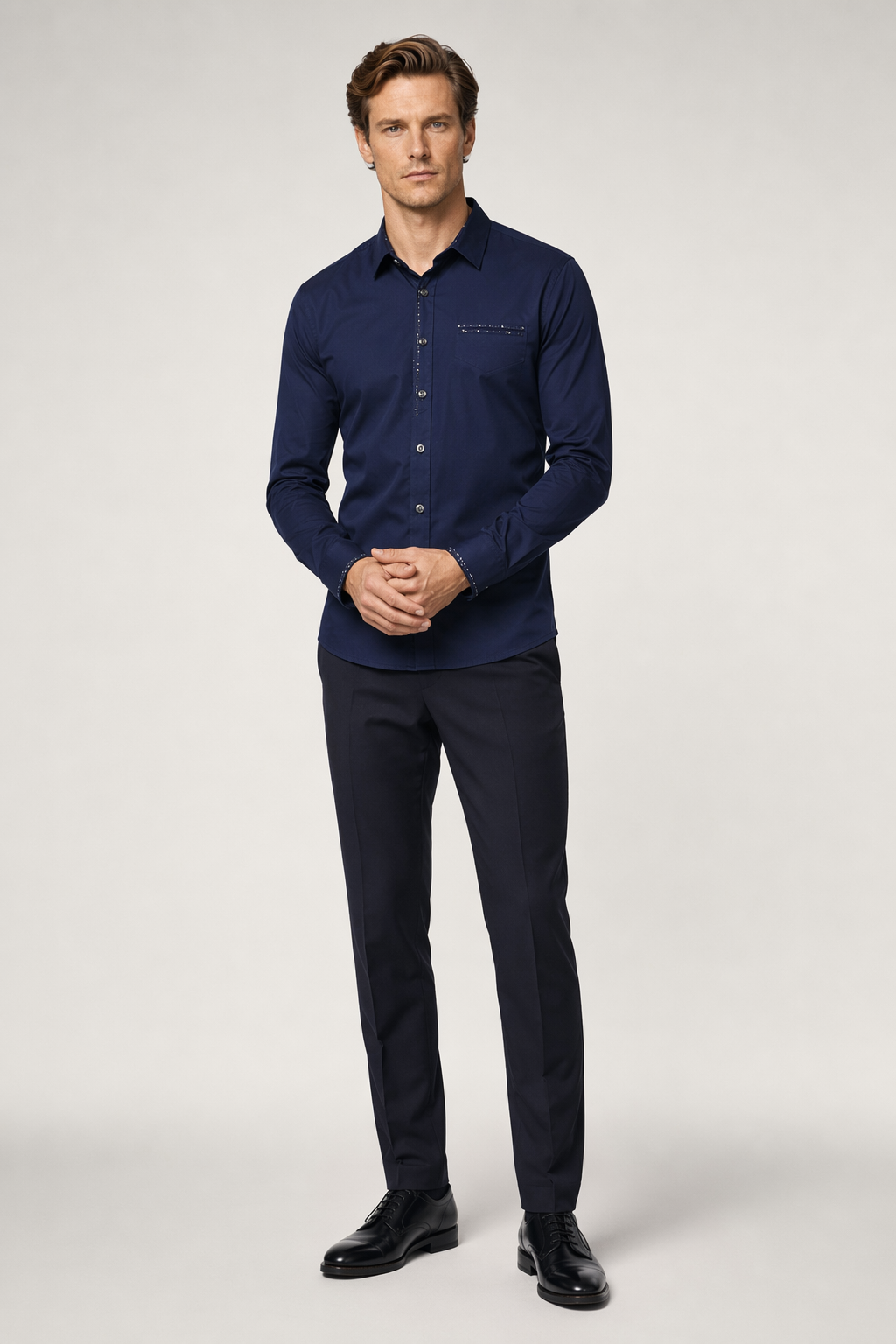 Men's Button-Up Shirt with Unique Pocket and Sleeve Accents Navy