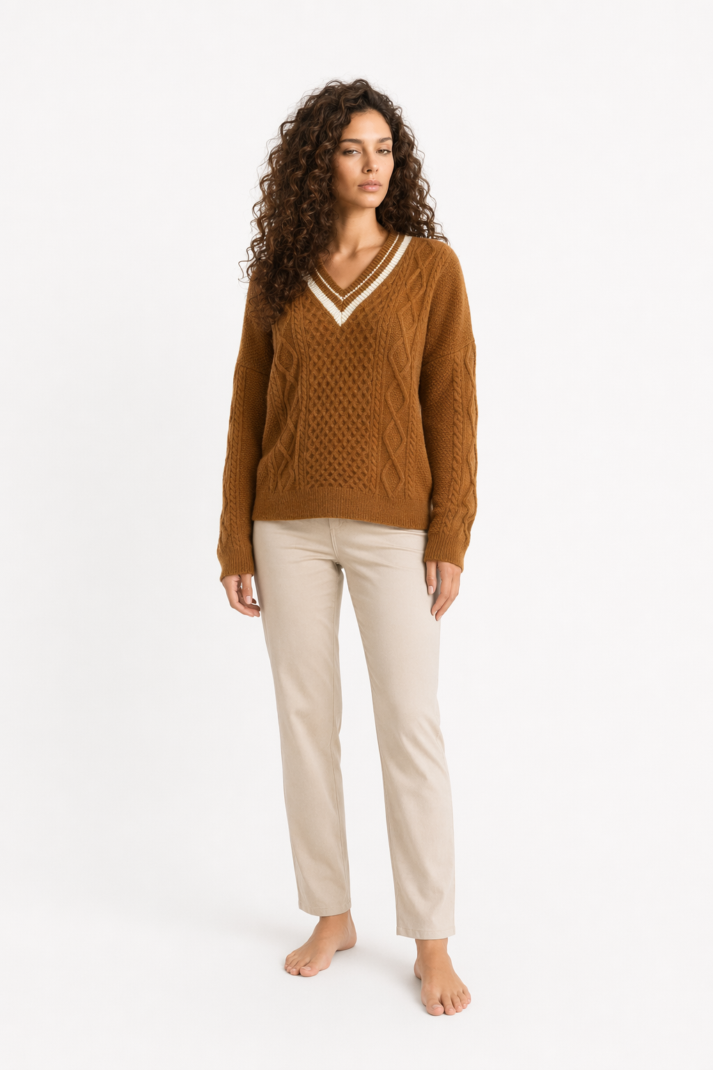 Women's Sweater with Cable-Knit Design and V-Neckline Brown