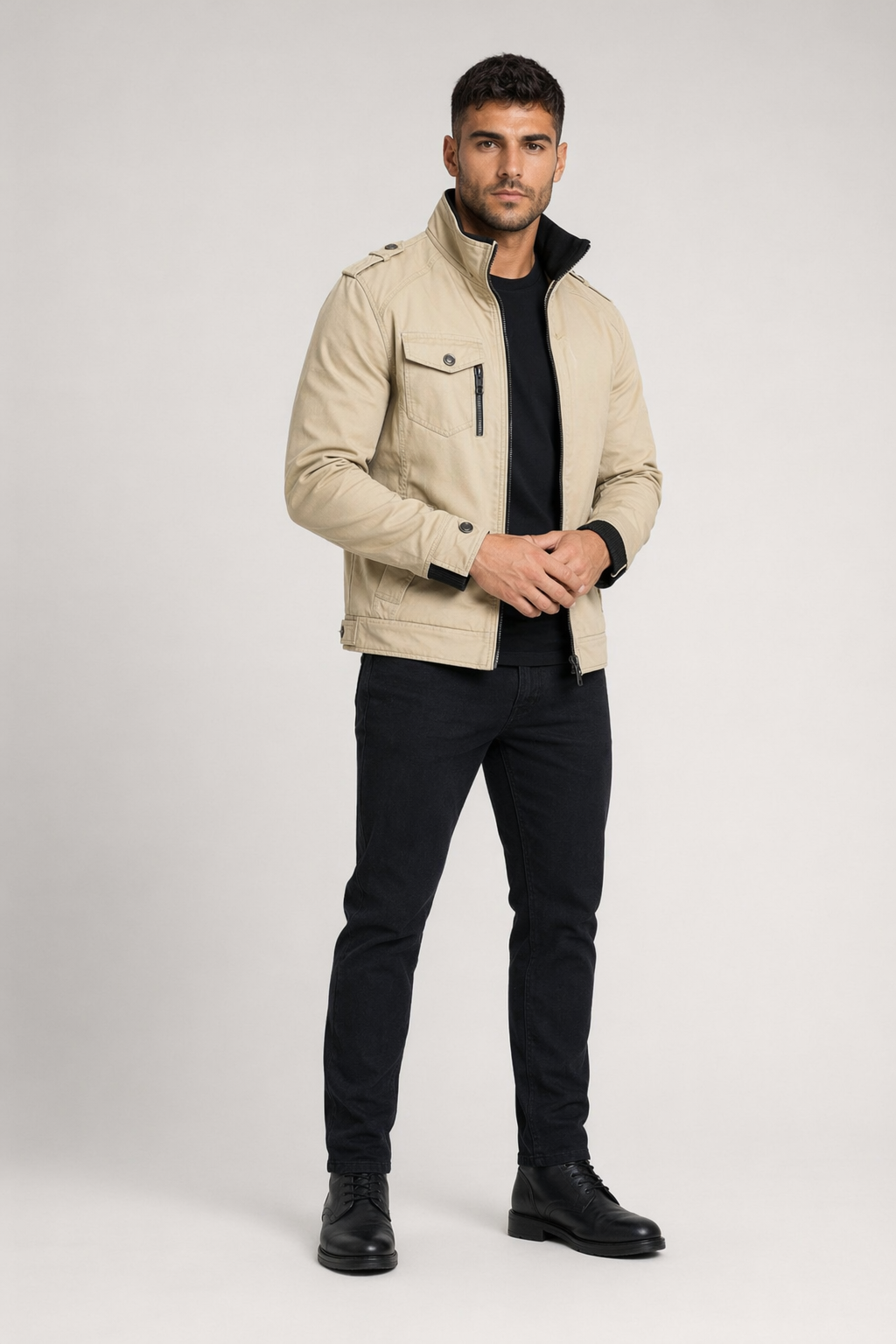 Faux Fur-Lined Military-Inspired Men's Jacket Beige