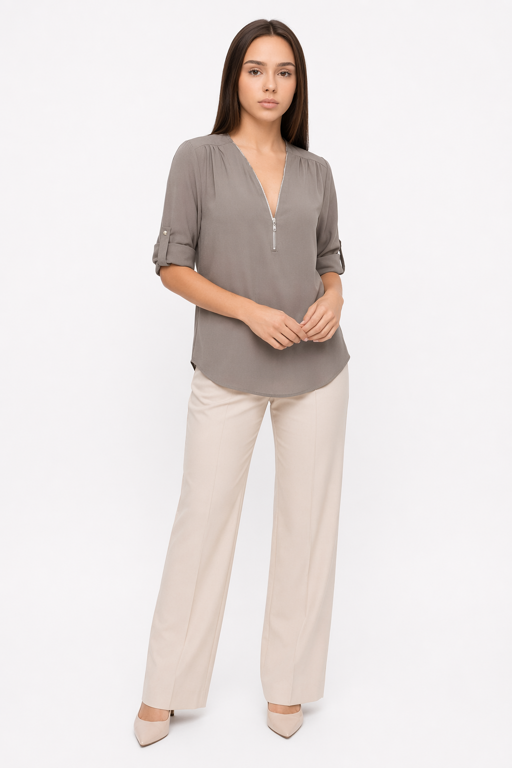 V Neck Blouse for Women with Trendy Urban Style Gray
