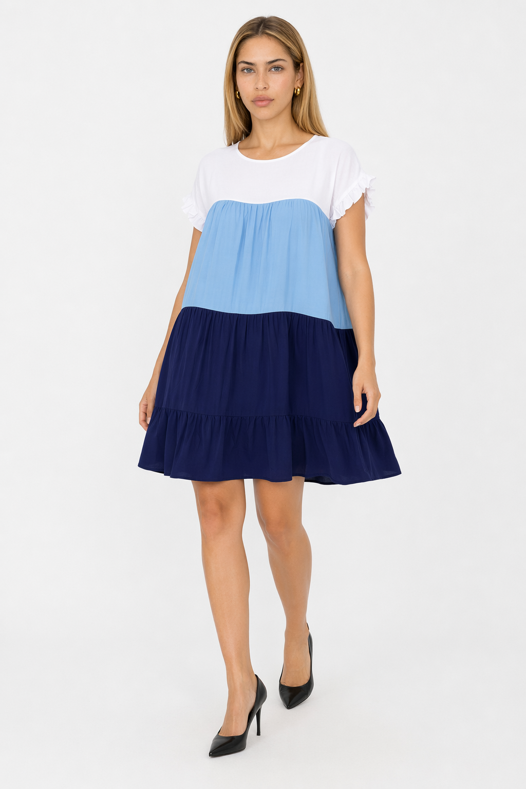 Colorful Ruffled Sleeve Summer Dress for Women Navy