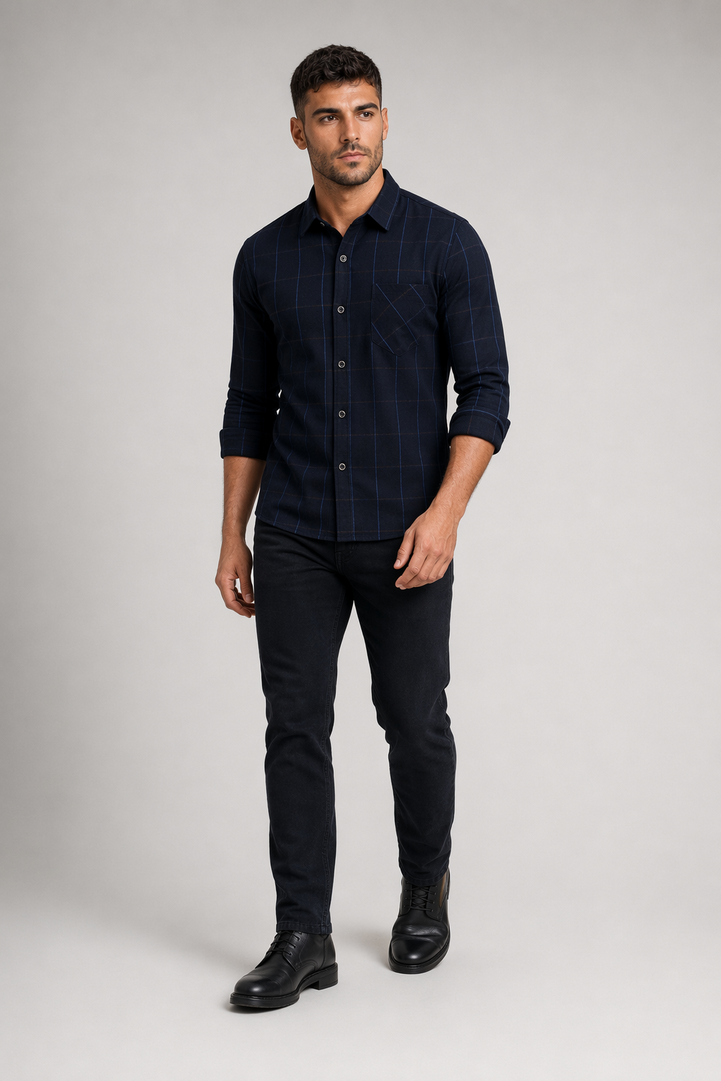 Long Sleeve Plaid Shirt for Men Navy
