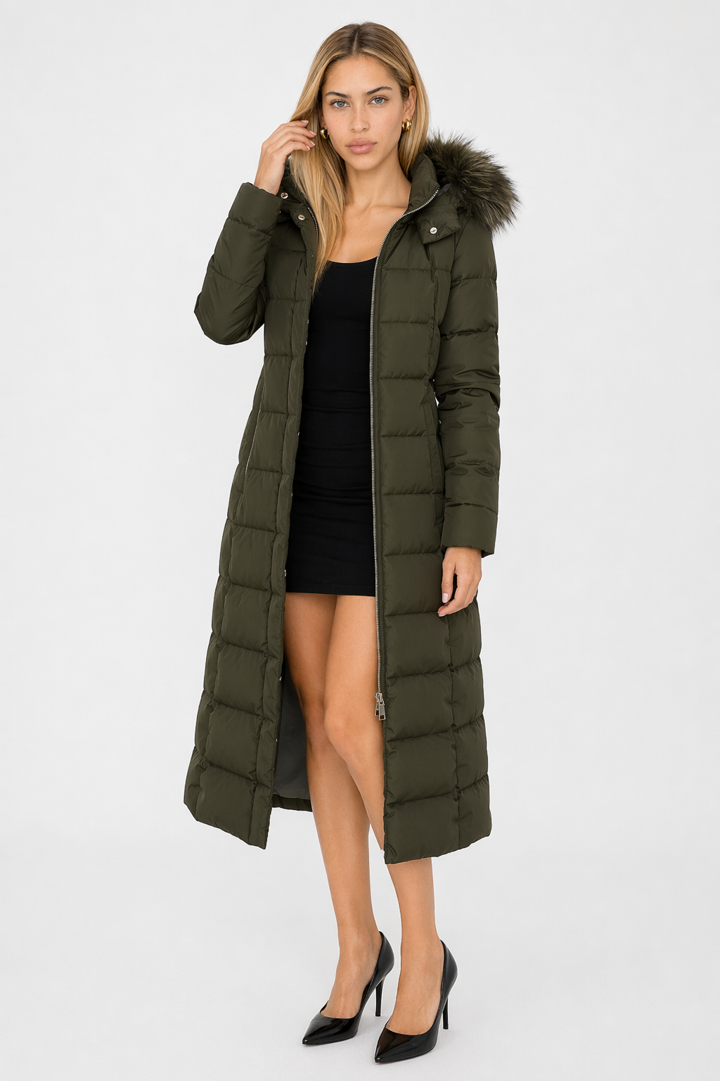 Long Coat for Women with Detachable Faux Fur Hood Army Green