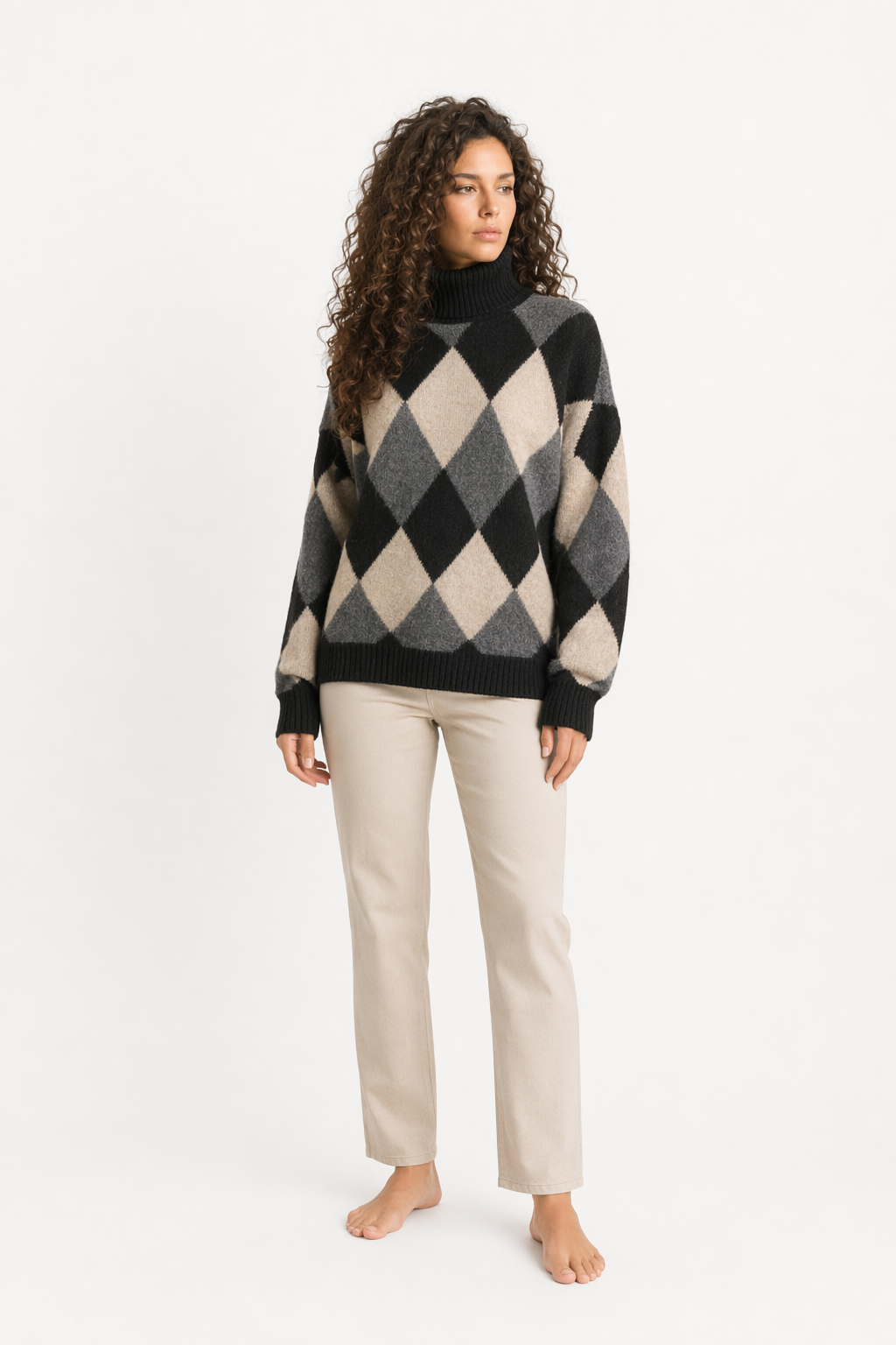 Turtleneck Sweater for Women with Argyle Design Black