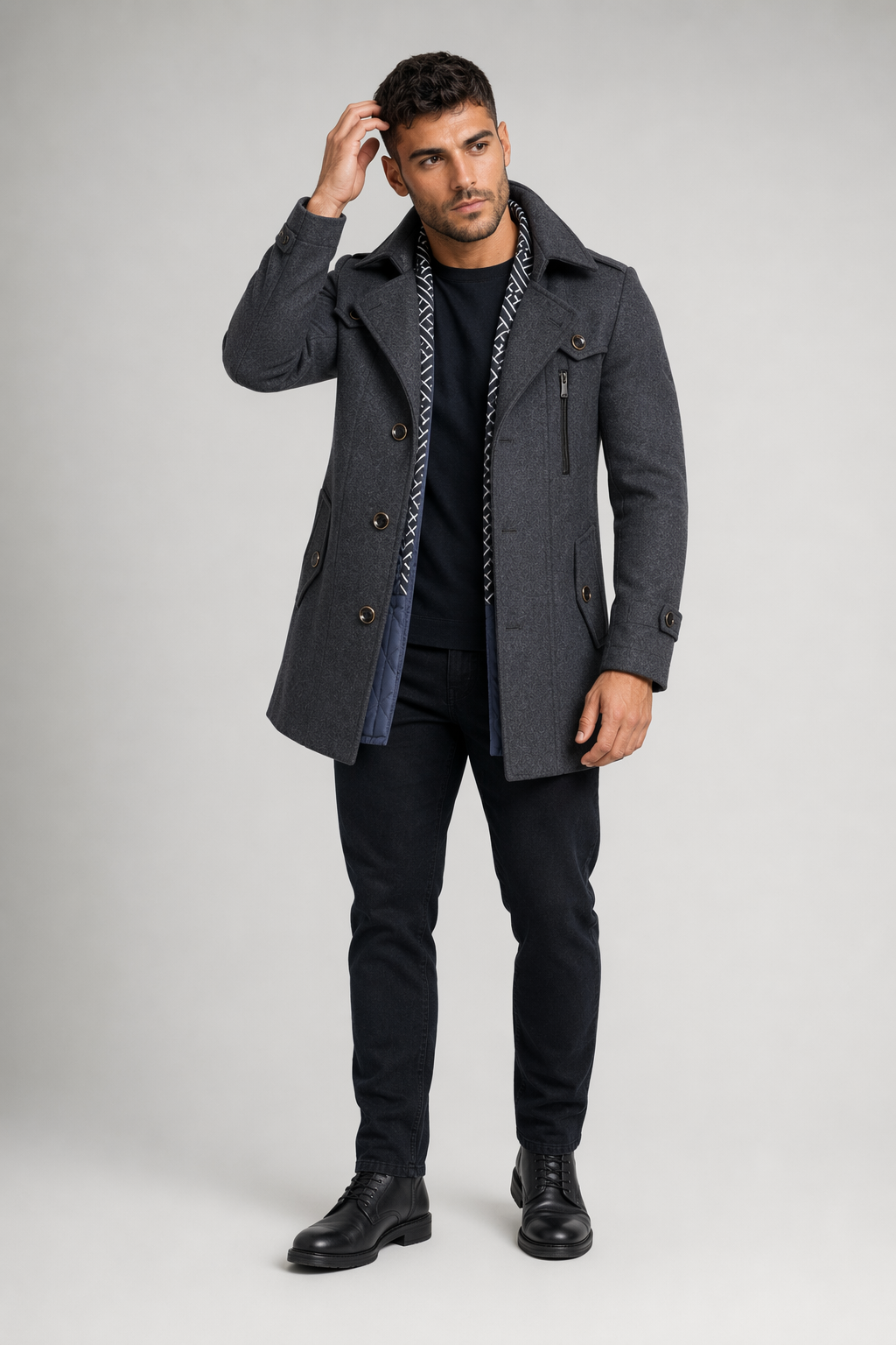 Layered Collar Mid Length Button Front Coat for Men Gray