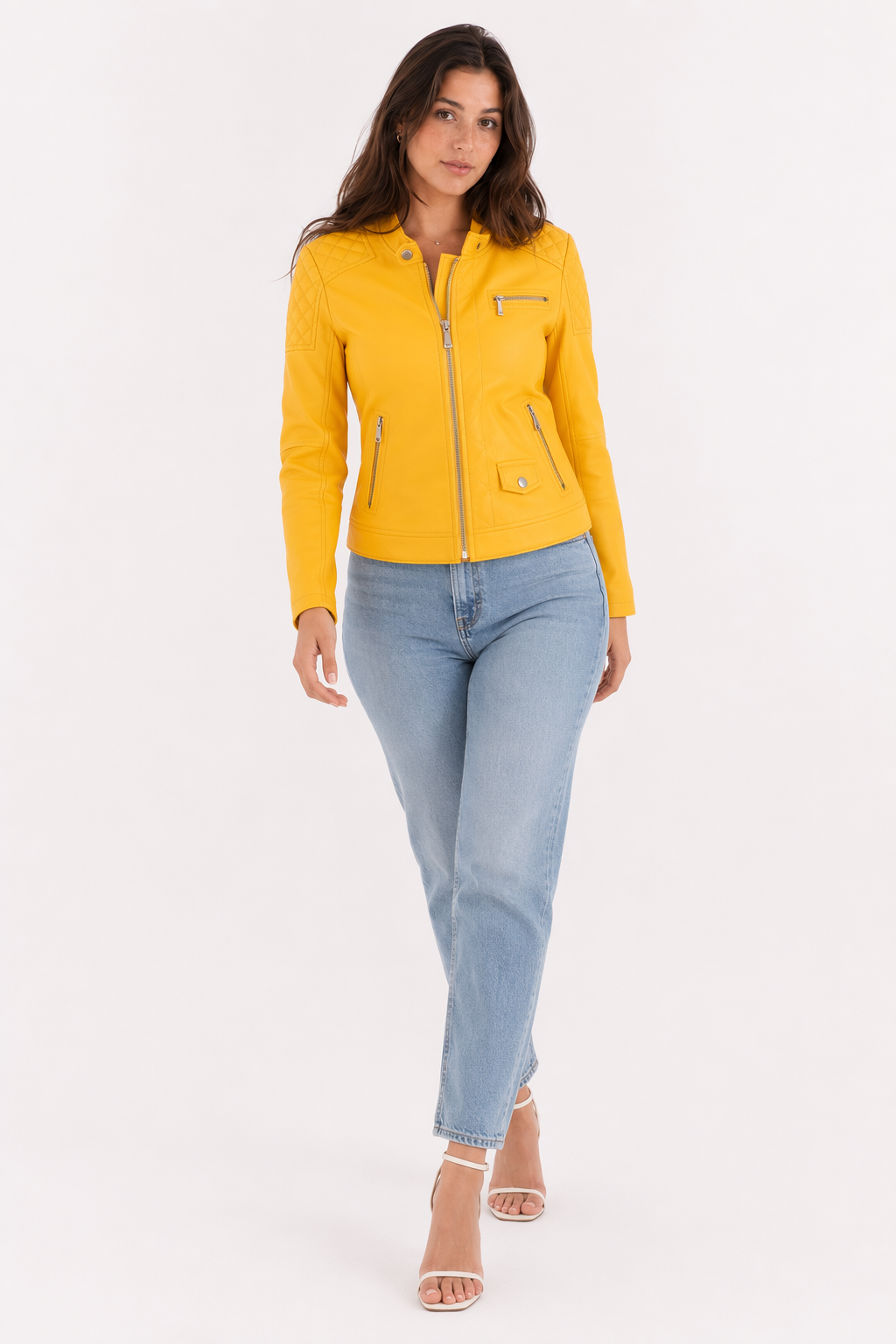 Quilted Faux Leather Jacket for Women Yellow