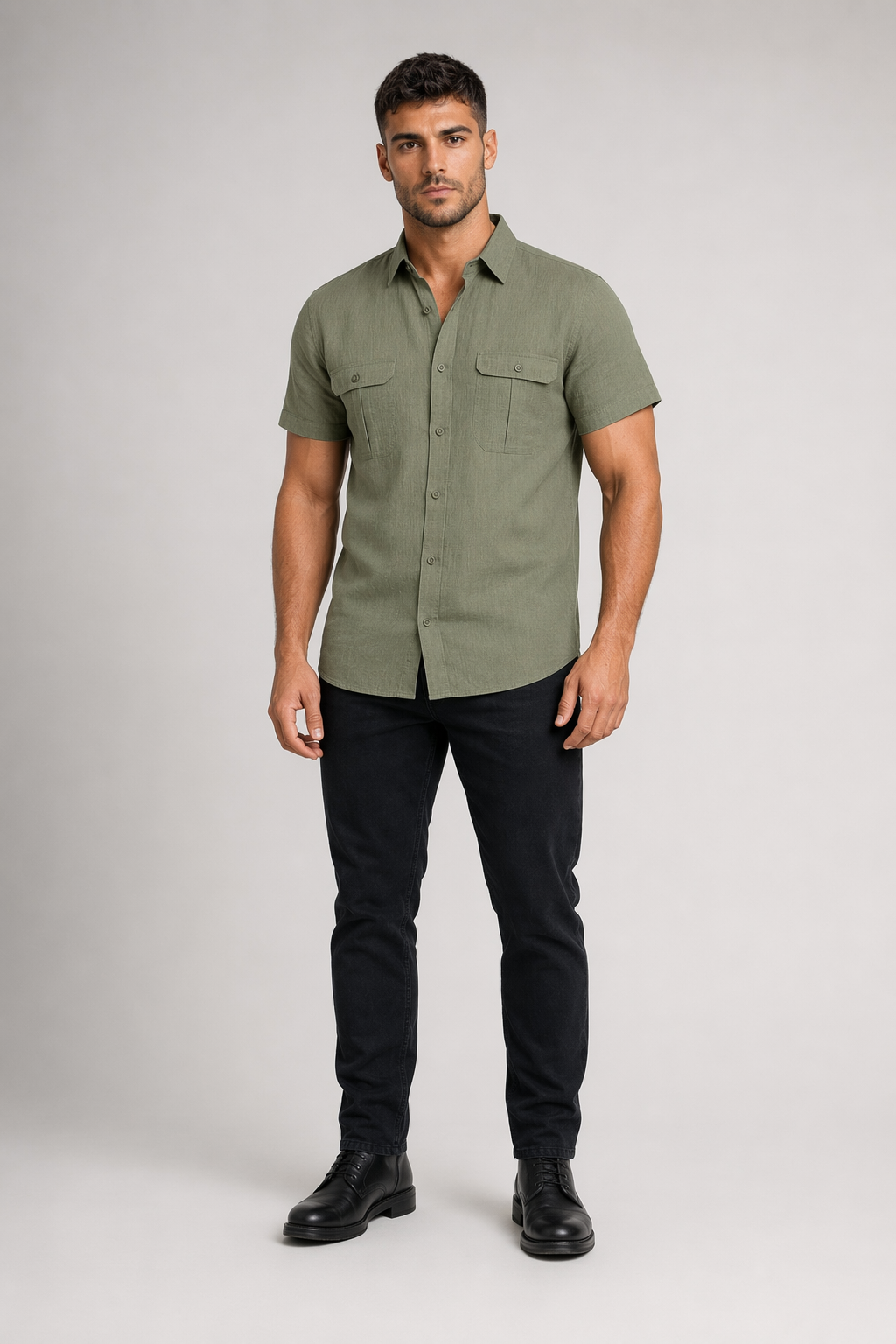 Linen Short-Sleeve Summer Shirt for Men ARMY GREEN