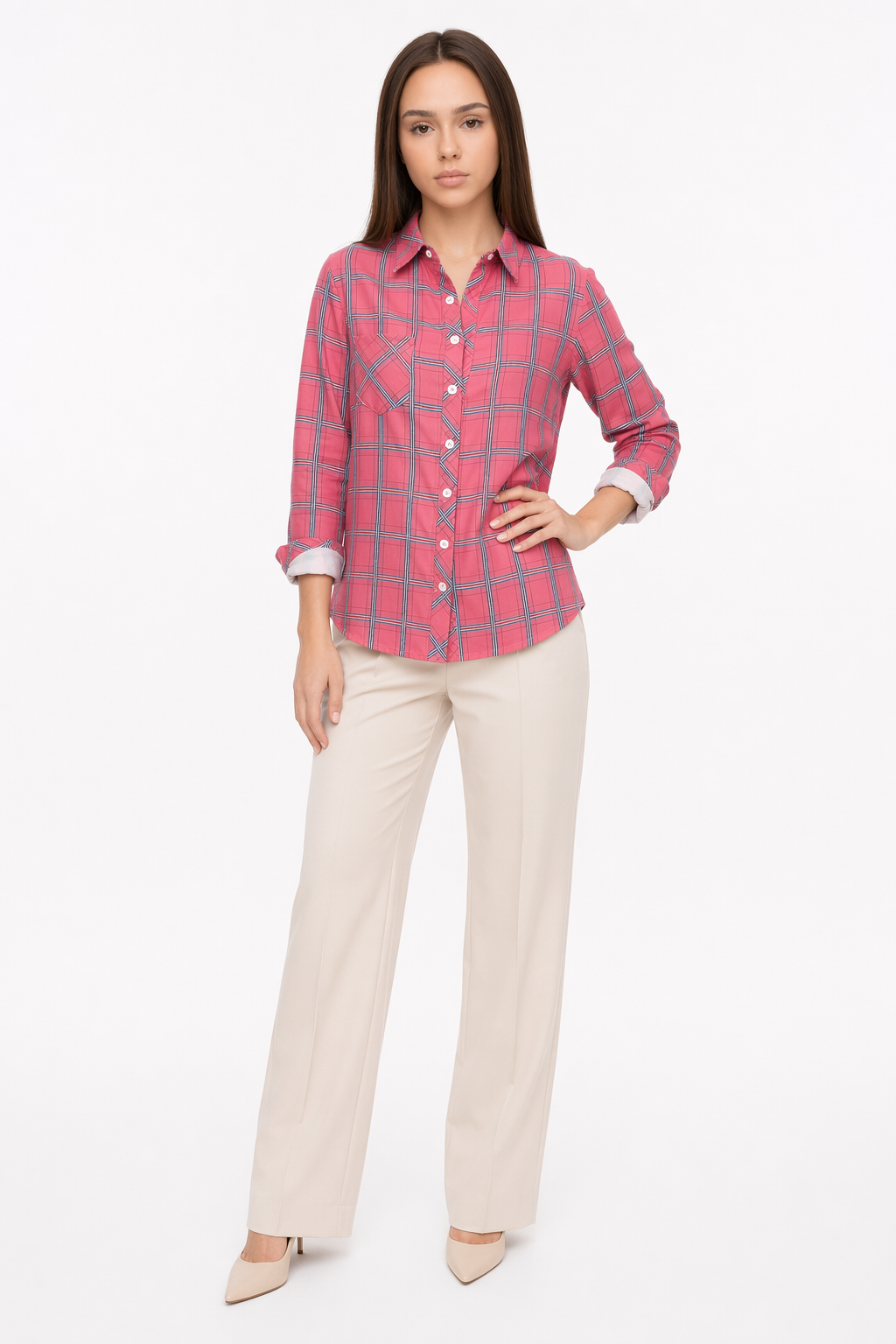 Casual Plaid Long Sleeve Shirt for Women Pink