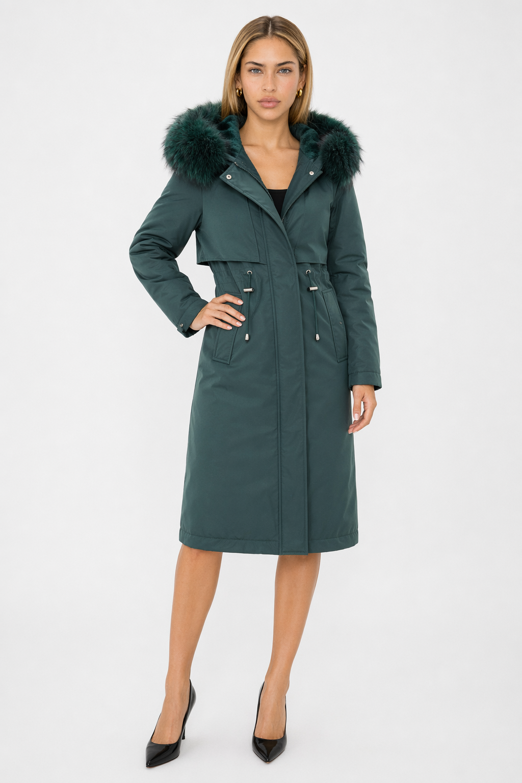 Detachable Faux Fur Lined Women's Long Coat with Hood Green