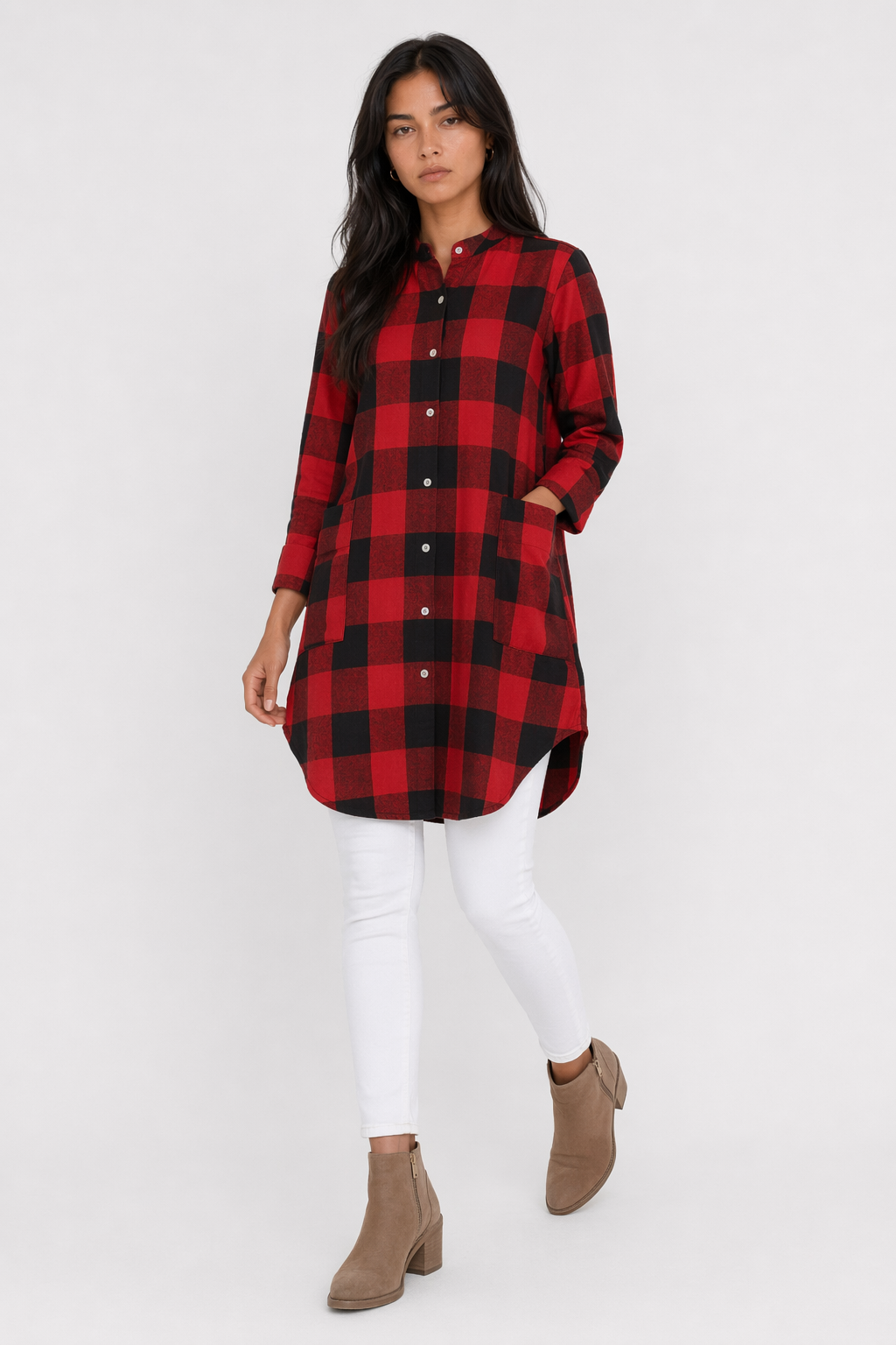Long Checkered Women's Shirt featuring Pockets Red