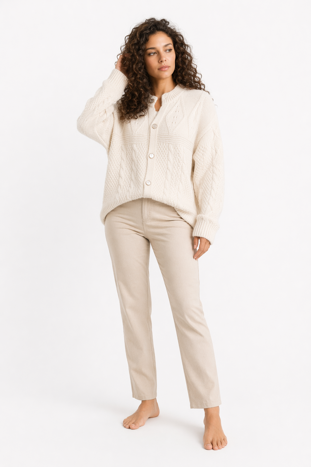 Patterned Women's Batwing Knit Cardigan Off White