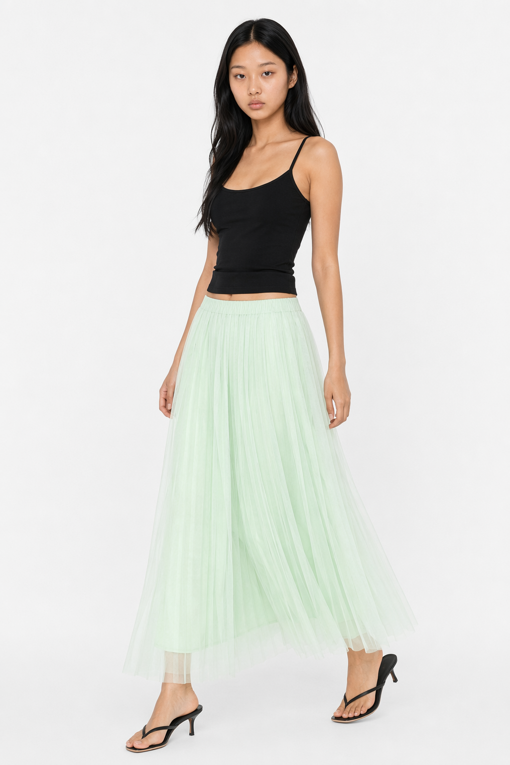 Summer Long Skirt with Elastic Waistband and 3 Layers Mint Green