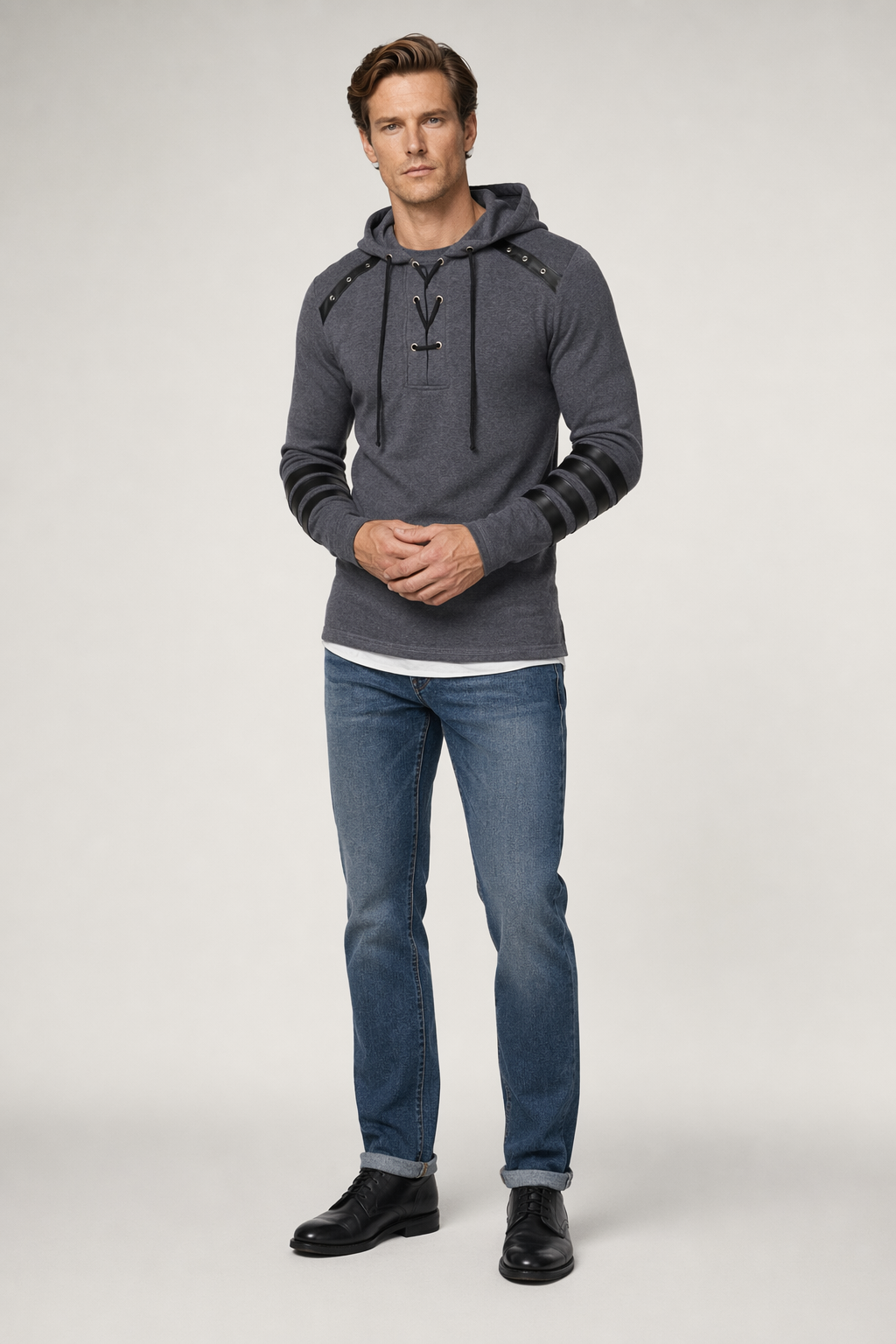 Pullover Hoodie for Men with Faux Leather Accents and Lace-Up Design Dark Gray