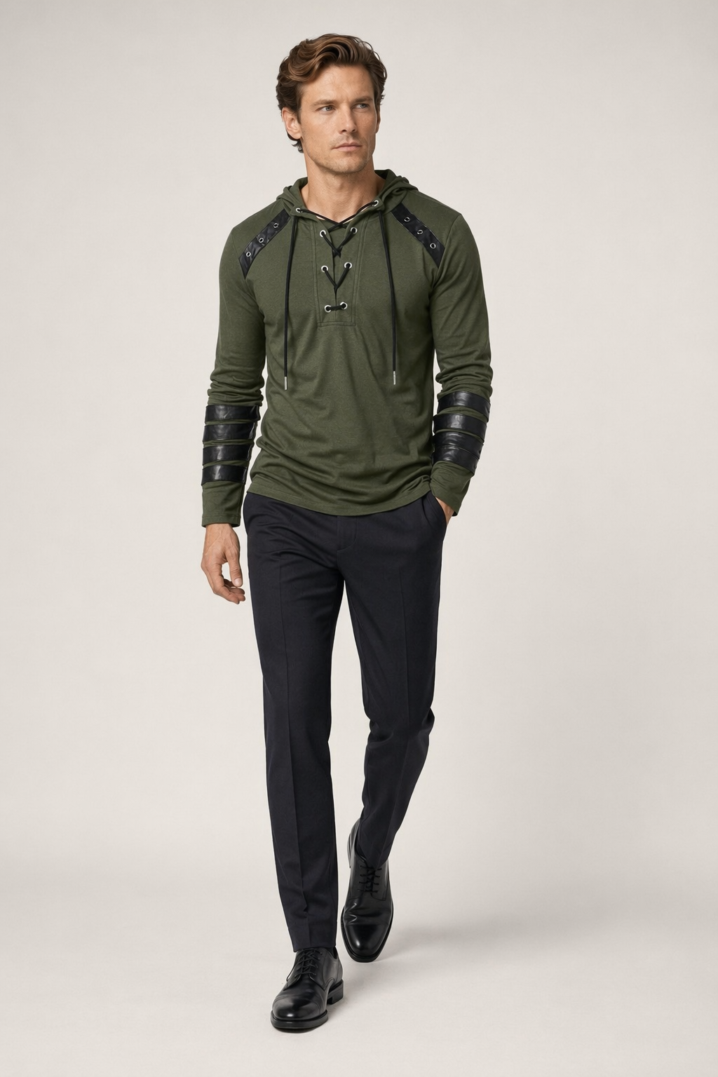 Pullover Hoodie for Men with Faux Leather Accents and Lace-Up Design Army Green
