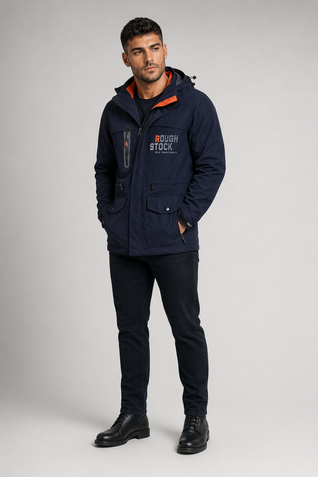 Windproof Hooded Men's Jacket with Detachable Hood Navy