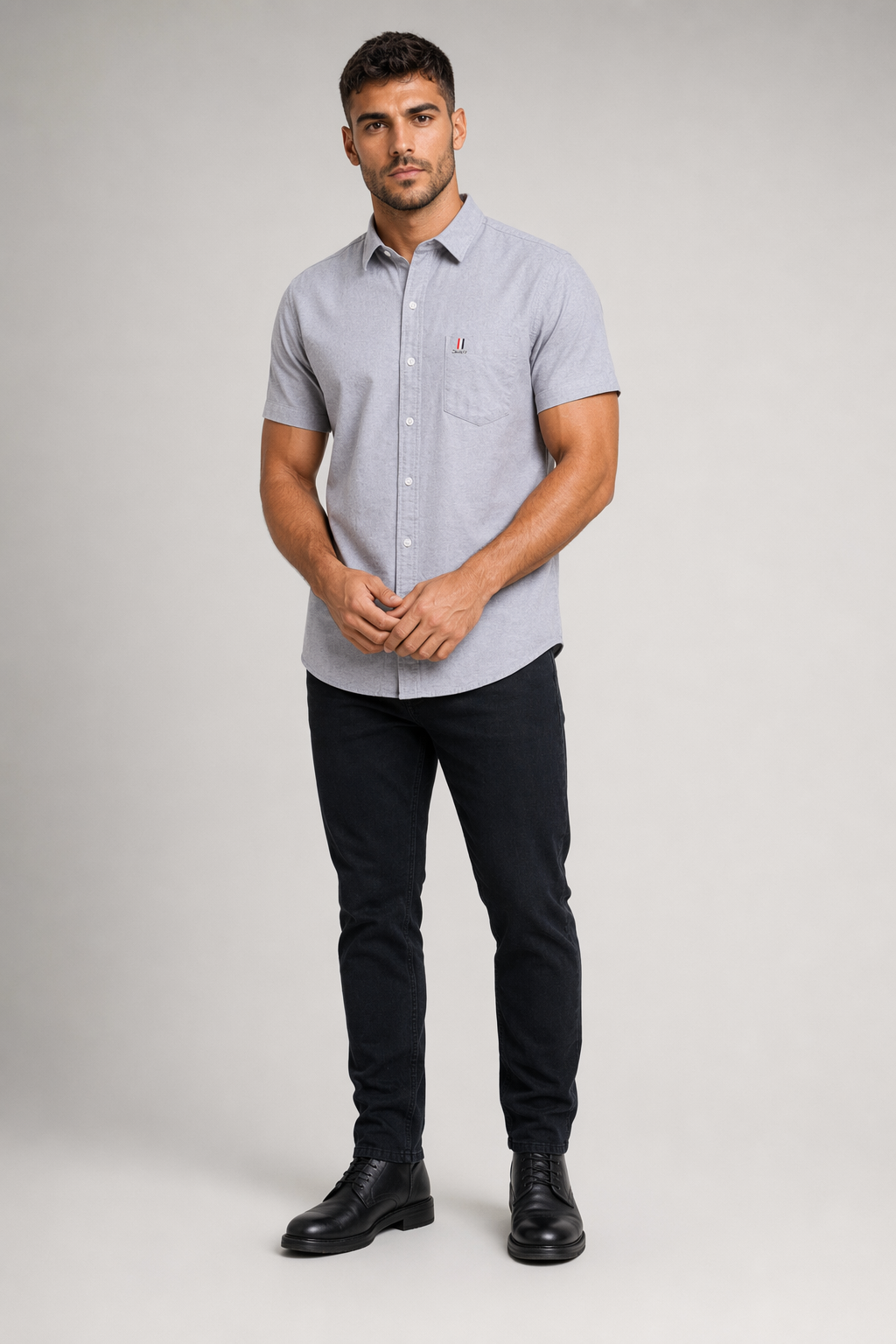 Short Sleeve Men's Button-Up Shirt Title Revision Gray