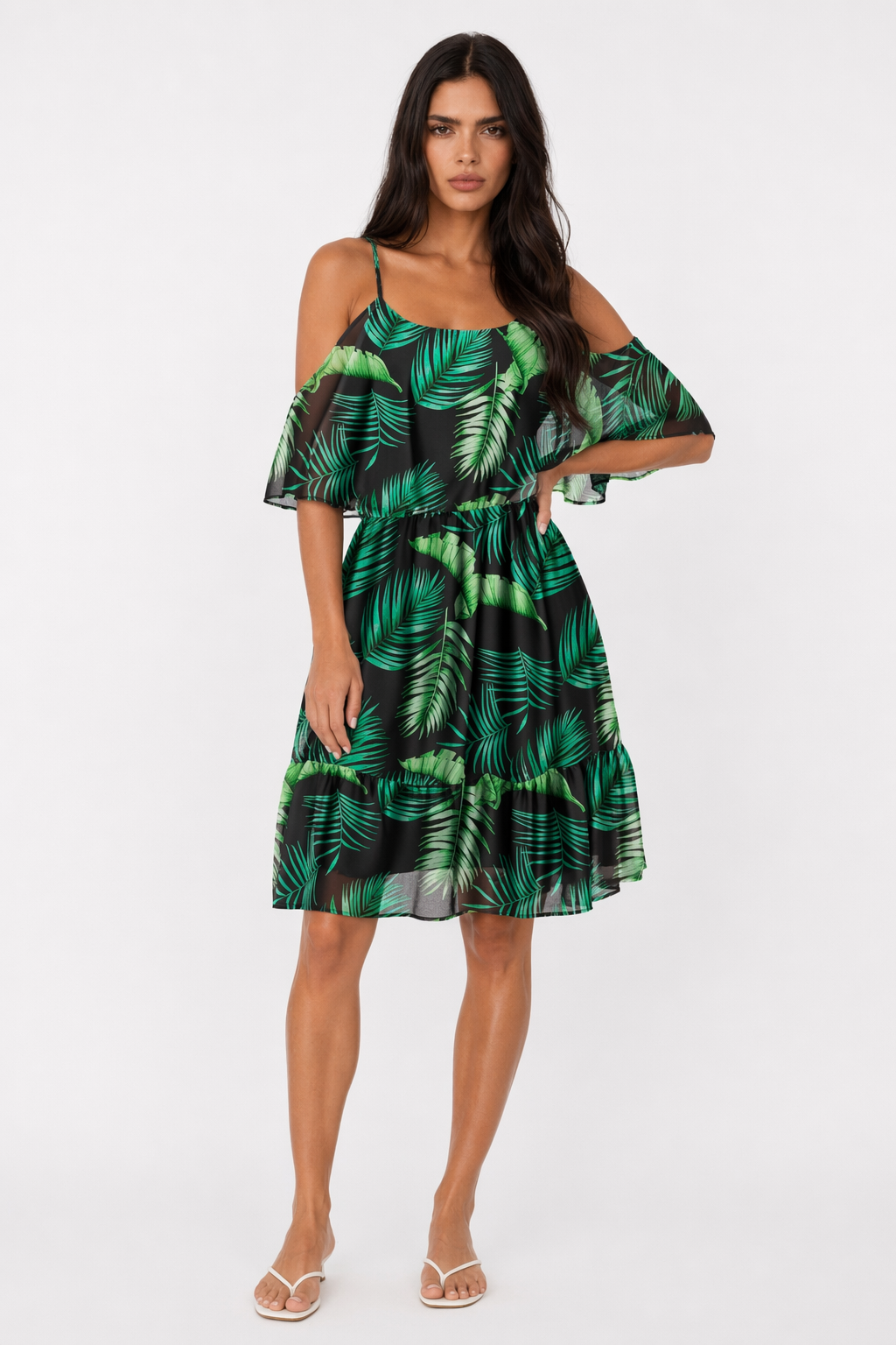 Chiffon Beach Dress with Ruffled Cold Shoulder for Women Green