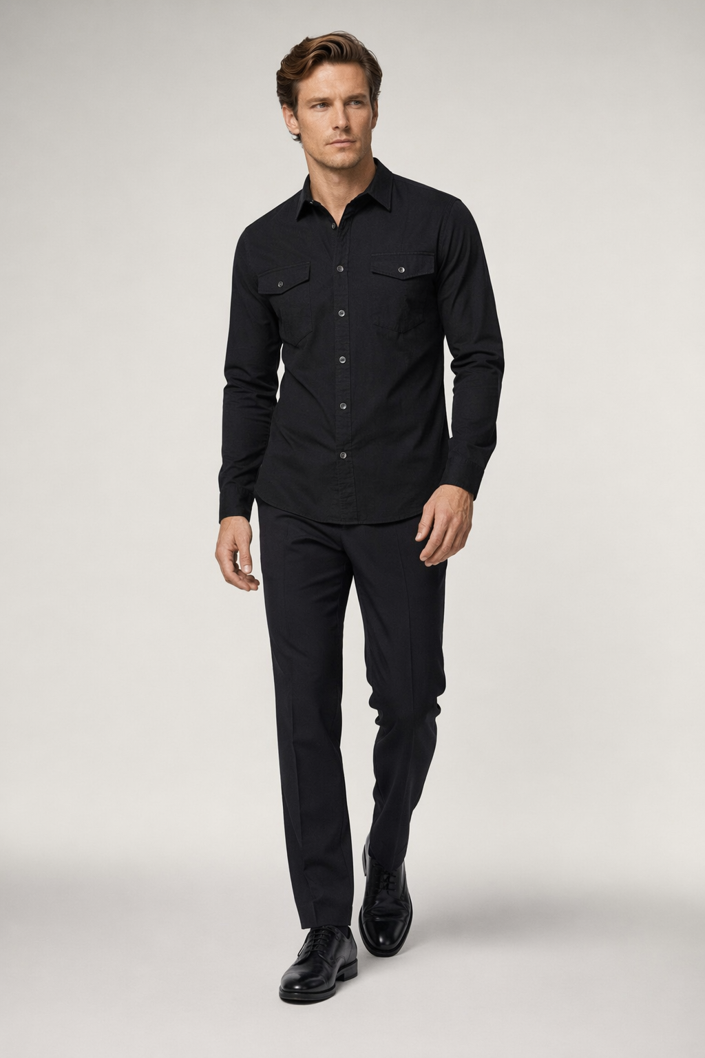 Long Sleeve Military Shirt with Dual Pockets for Men Black
