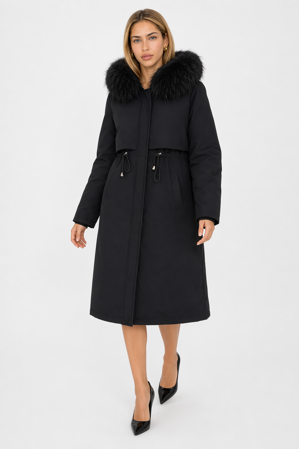 Detachable Faux Fur Lined Women's Long Coat with Hood Black