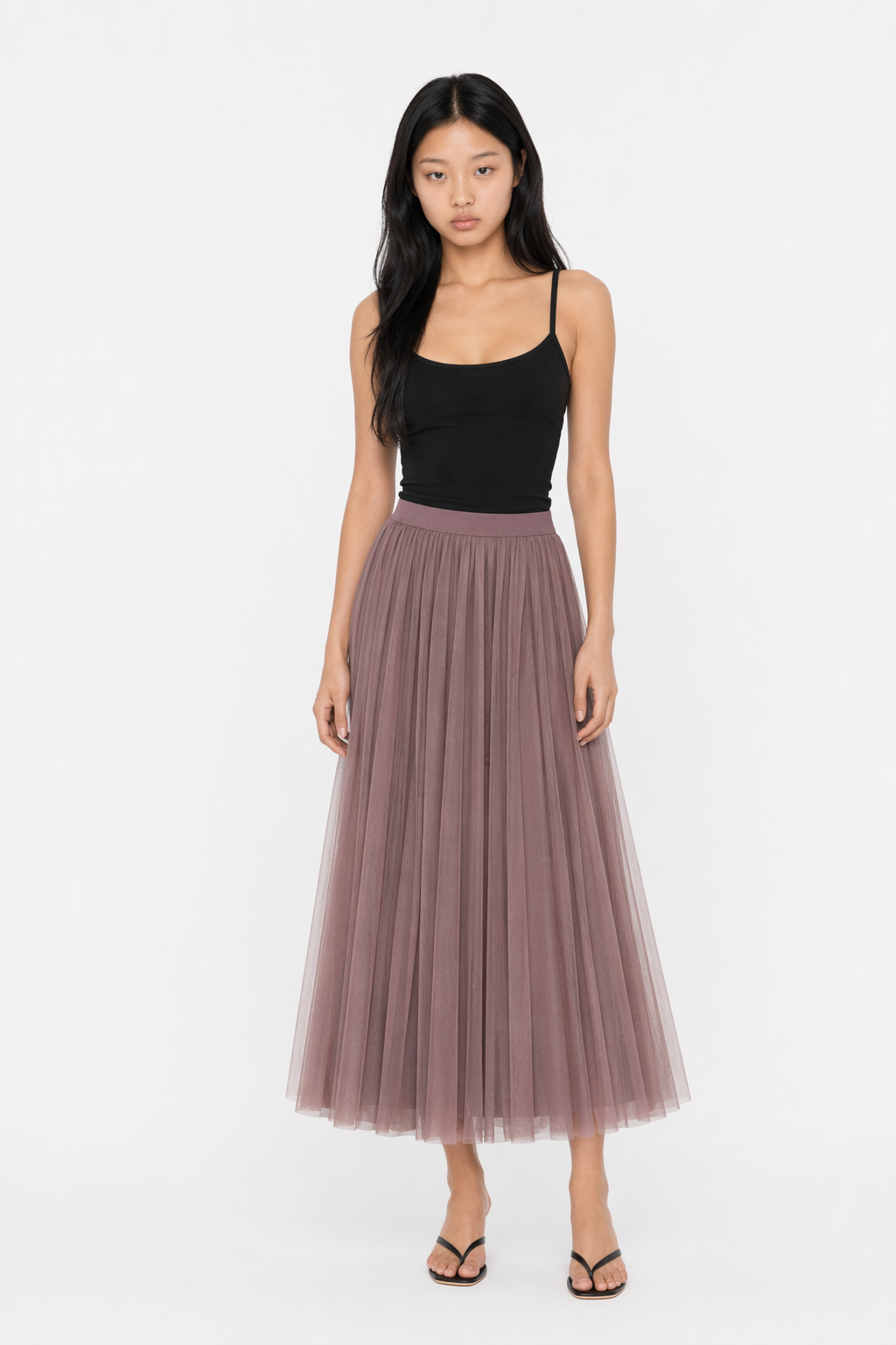 Summer Long Skirt with Elastic Waistband and 3 Layers Coffee