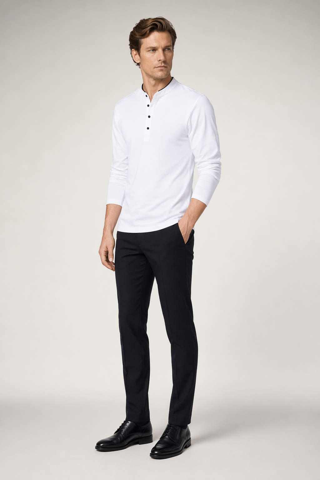 Men's Top with Standing Collar - Enhanced Clarity and Uniqueness White