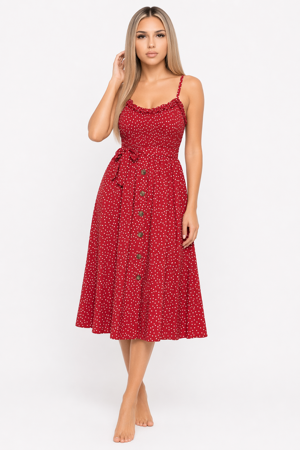 Polka Dot Maxi Dress for Women with Spaghetti Straps Red