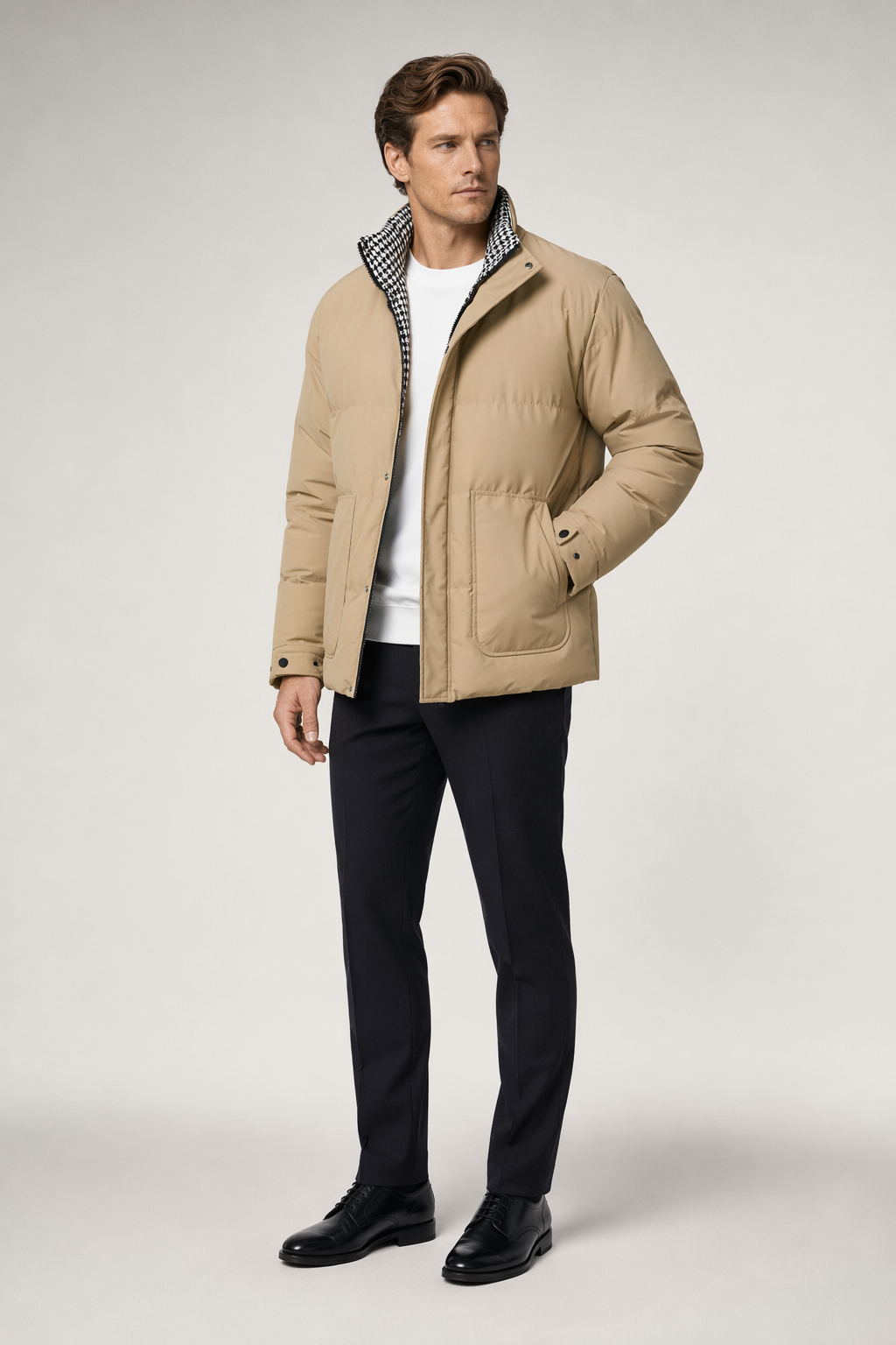 Houndstooth Quilted Jacket for Men Khaki