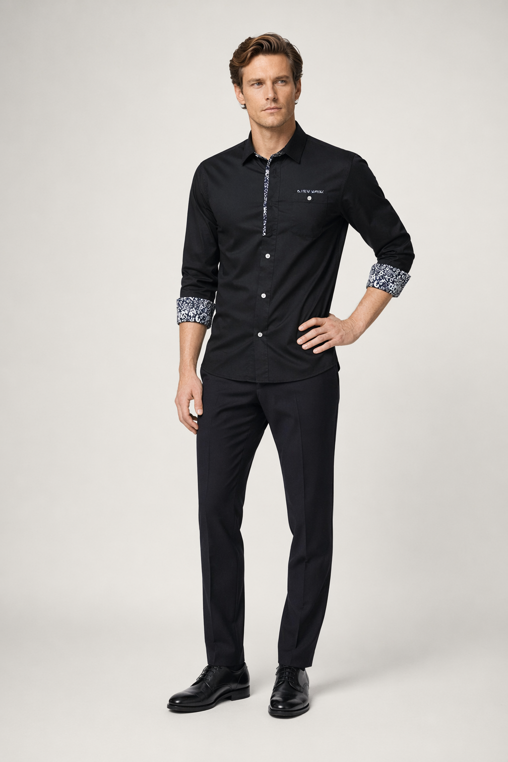 Long Sleeve Floral Button-Up Shirt for Men Black