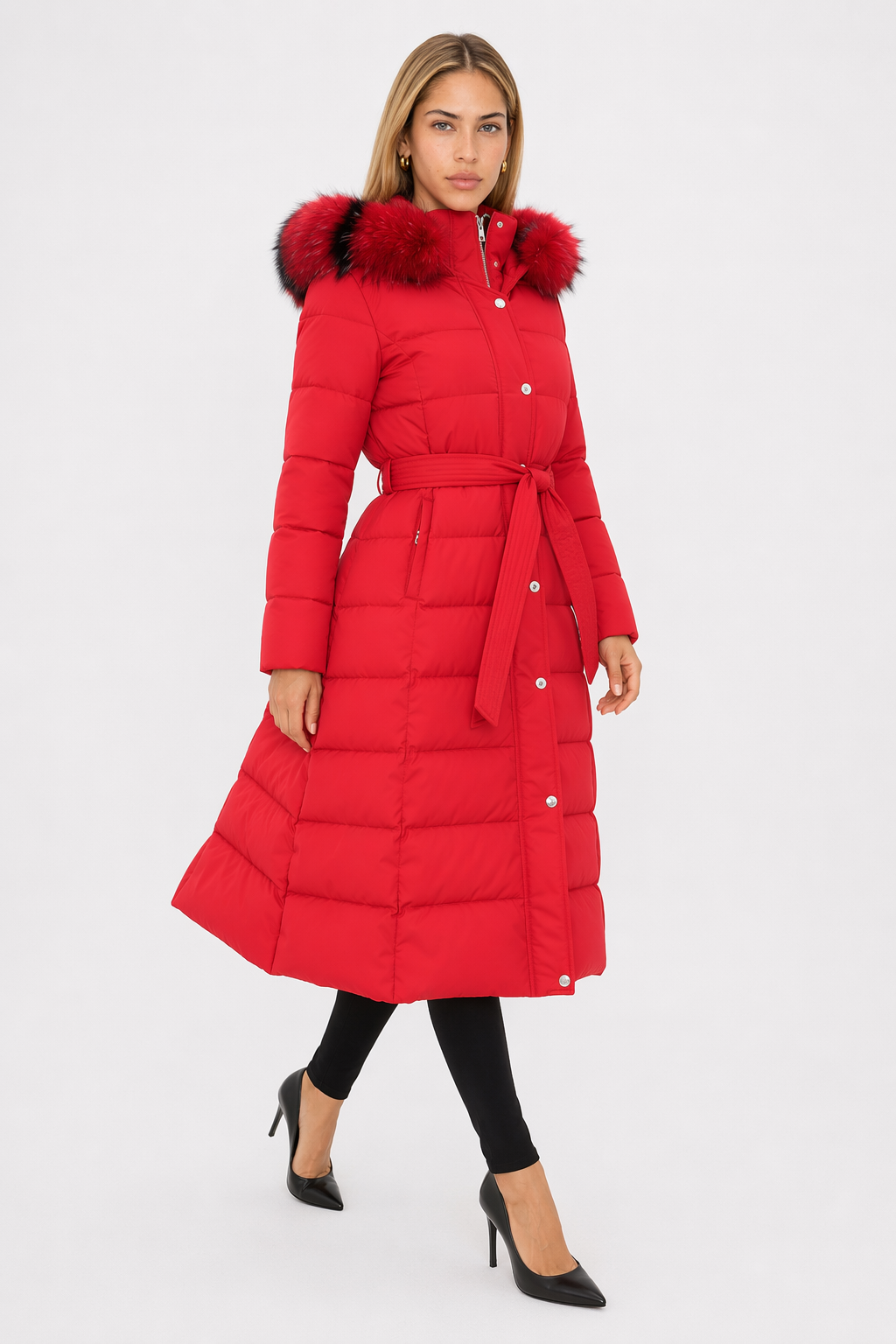 Long Coat for Women with Detachable Faux Fur Hood Red