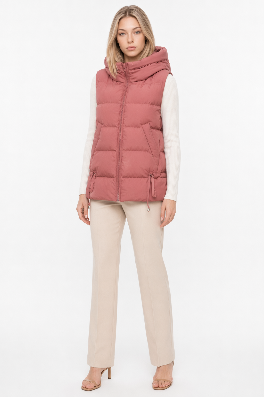 Pink Hooded Puffer Vest with Short Zip Closure for Women Default
