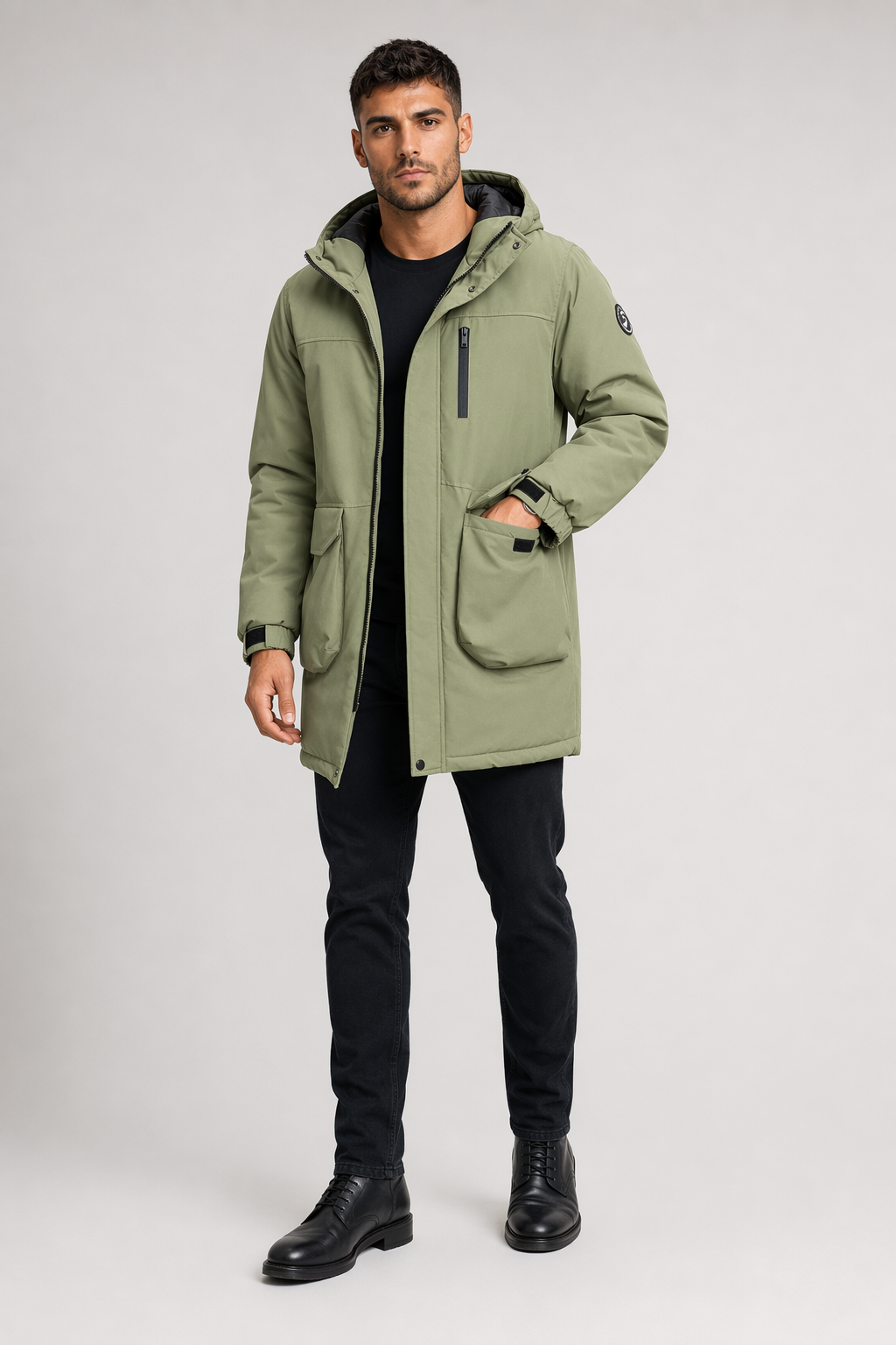 Windproof Hooded Jacket for Men - Mid Length Green