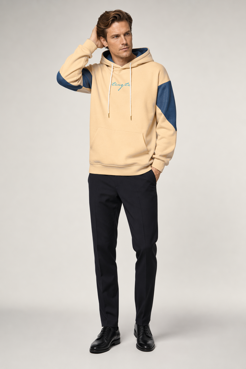 Two Tone Pocketed Hoodie for Men Beige