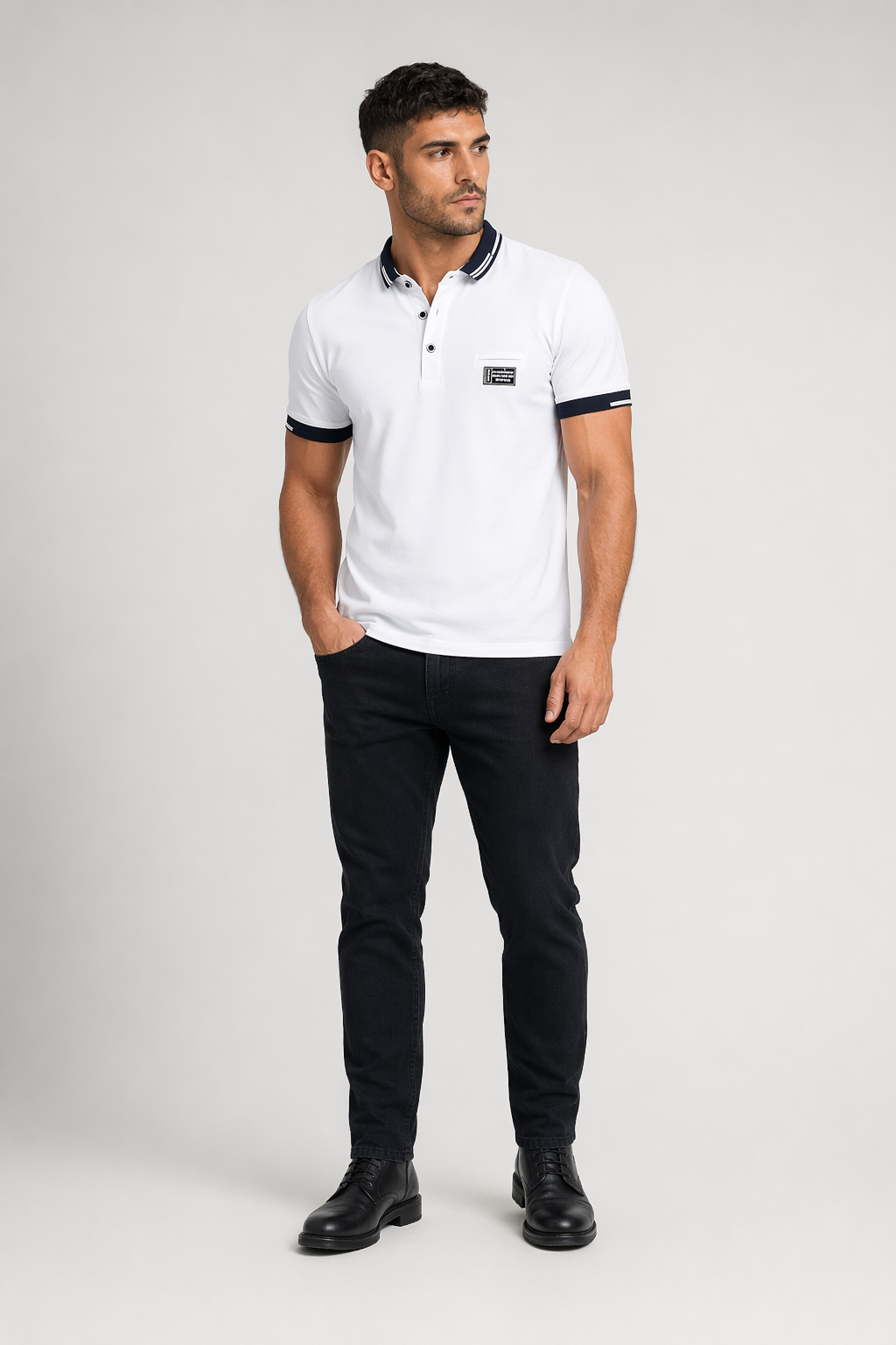 Two Tone Polo Shirt for Men with Short Sleeves White