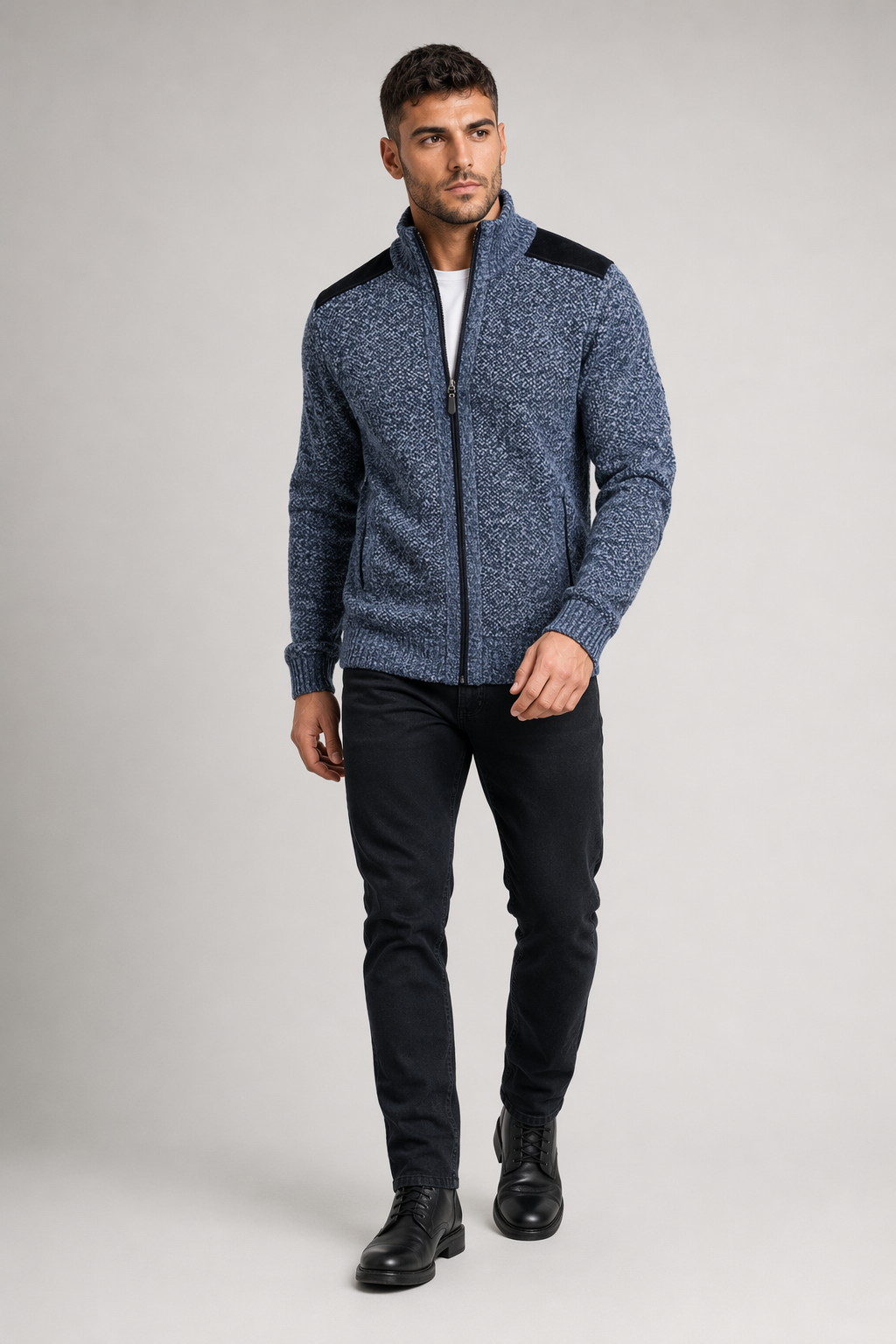 Blue Cardigan for Men with Zip Closure and Elbow Detailing Default