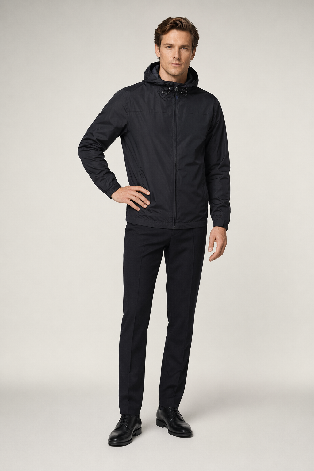 Windproof Hooded Jacket for Men with Elevated Collar Black