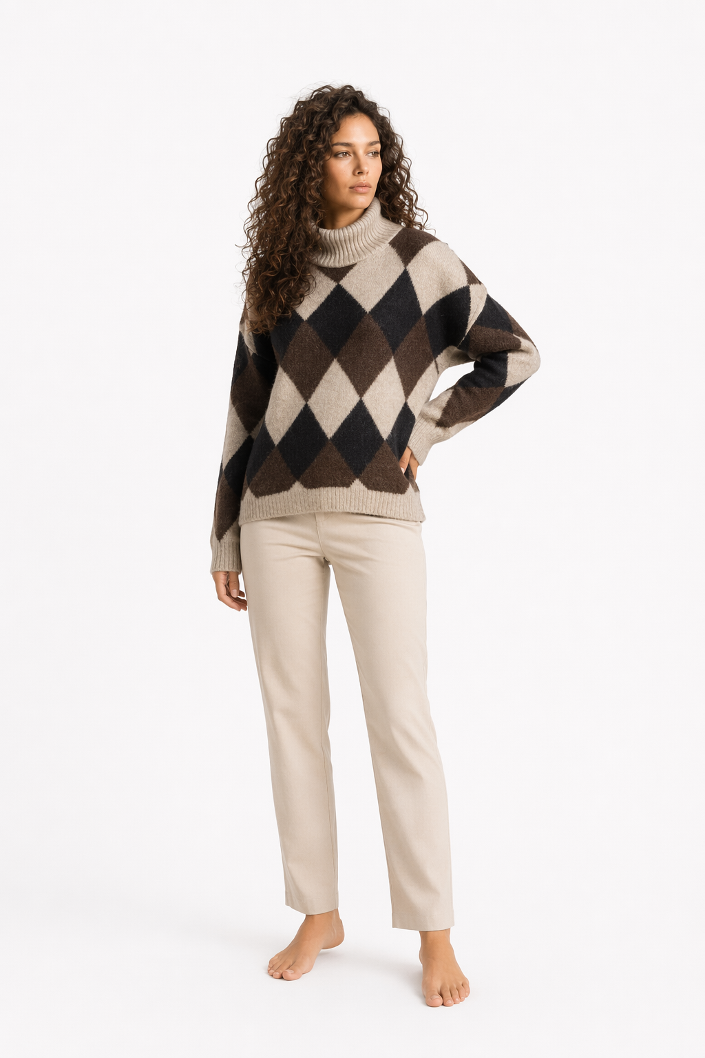 Turtleneck Sweater for Women with Argyle Design Beige