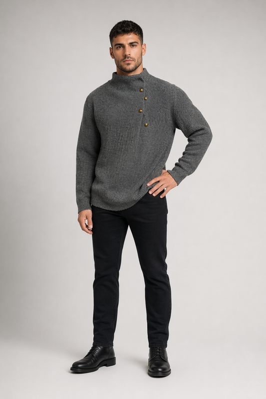 Buttoned Wrap Collar Sweater for Men with Stylish Details Gray