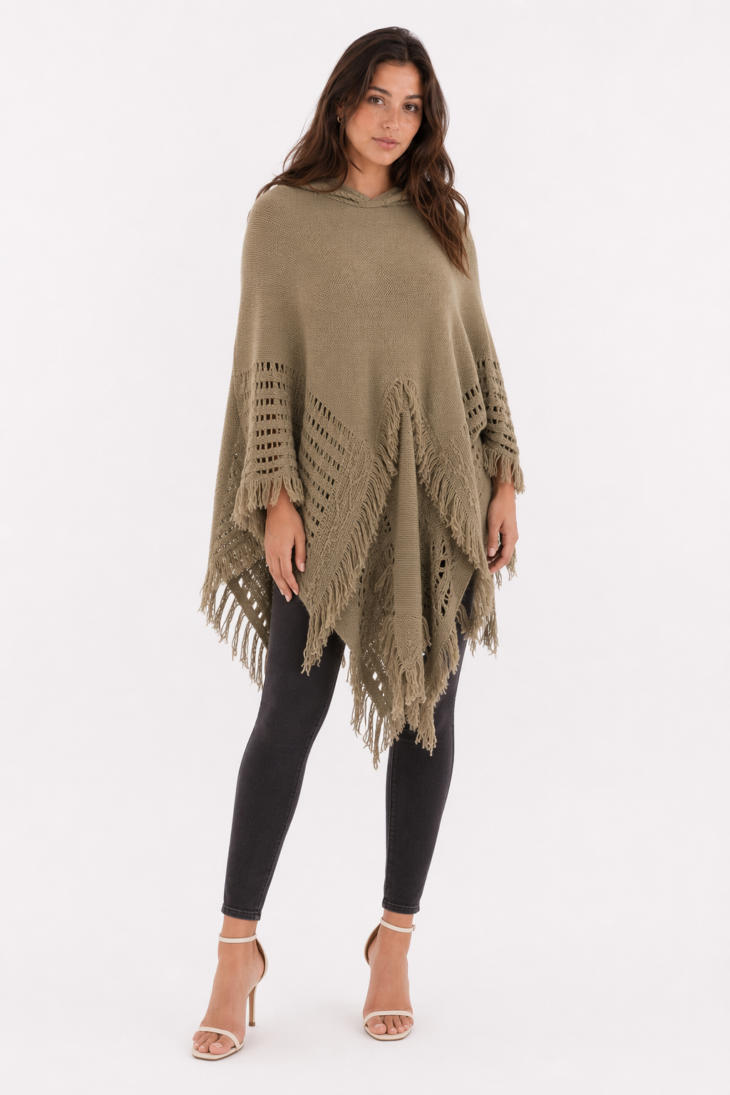 Women's Fringed Hooded Cape Khaki