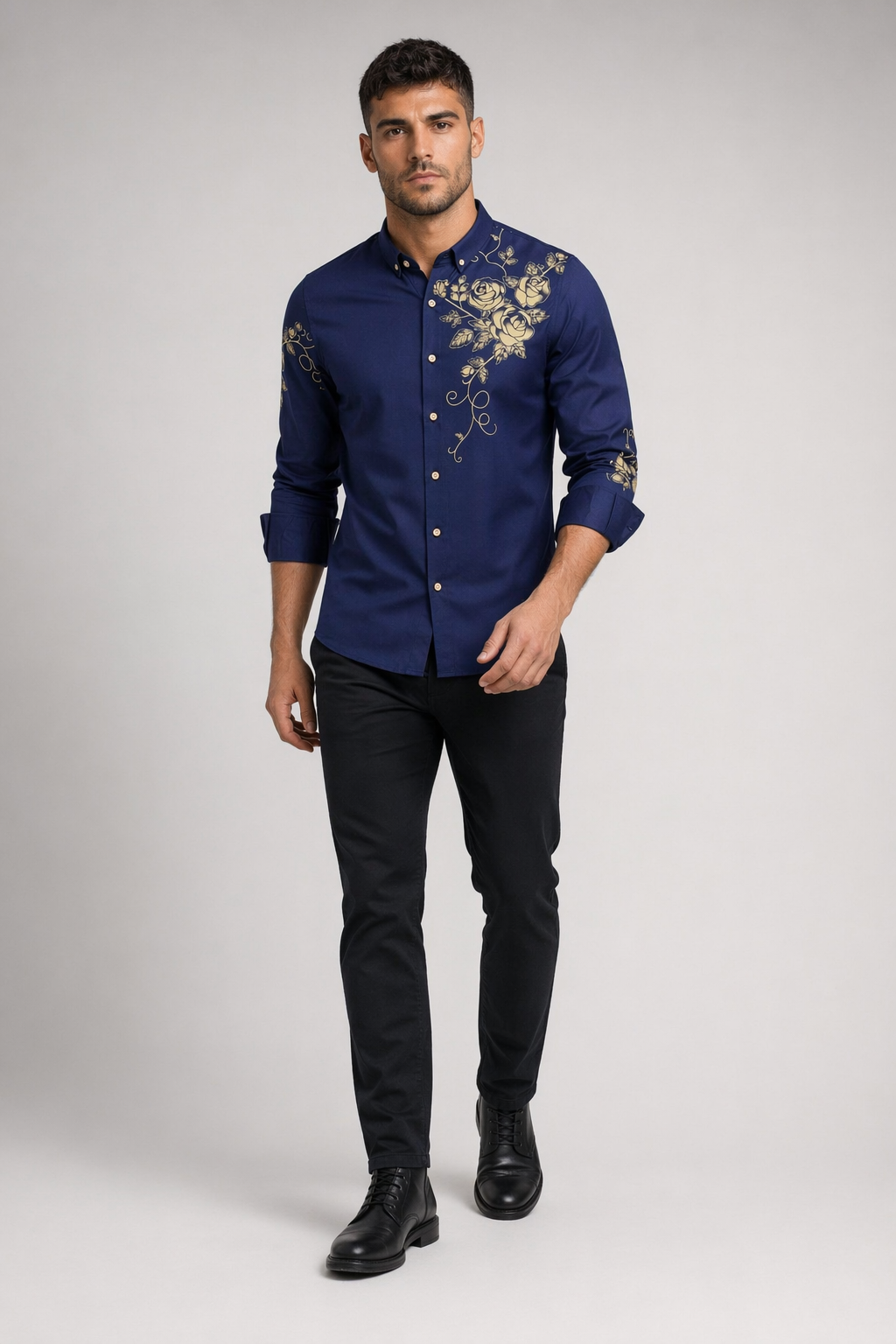 Floral Print Men's Button-Down Shirt Navy