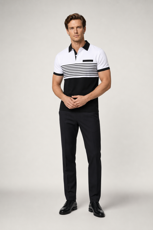 Short Sleeve Casual Polo Shirt with Striped Print for Men White