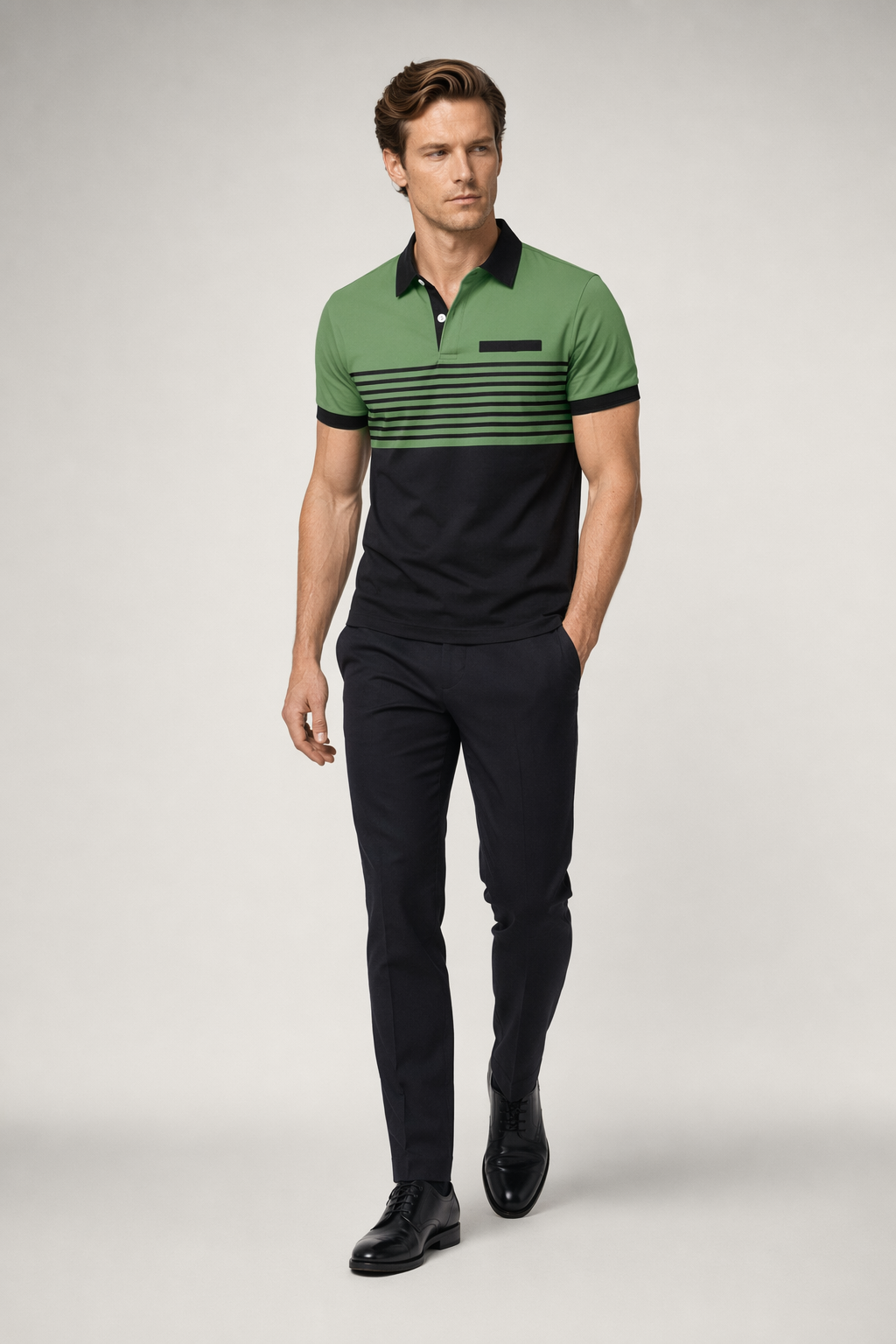 Short Sleeve Casual Polo Shirt with Striped Print for Men Army Green