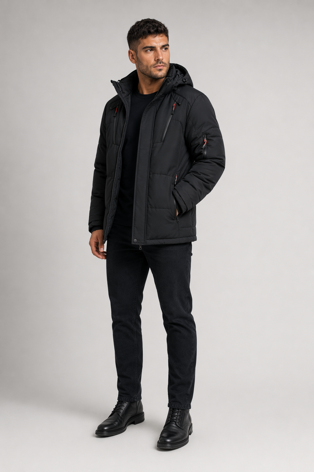 High Collar Men's Puffer Jacket with Detachable Hood Black