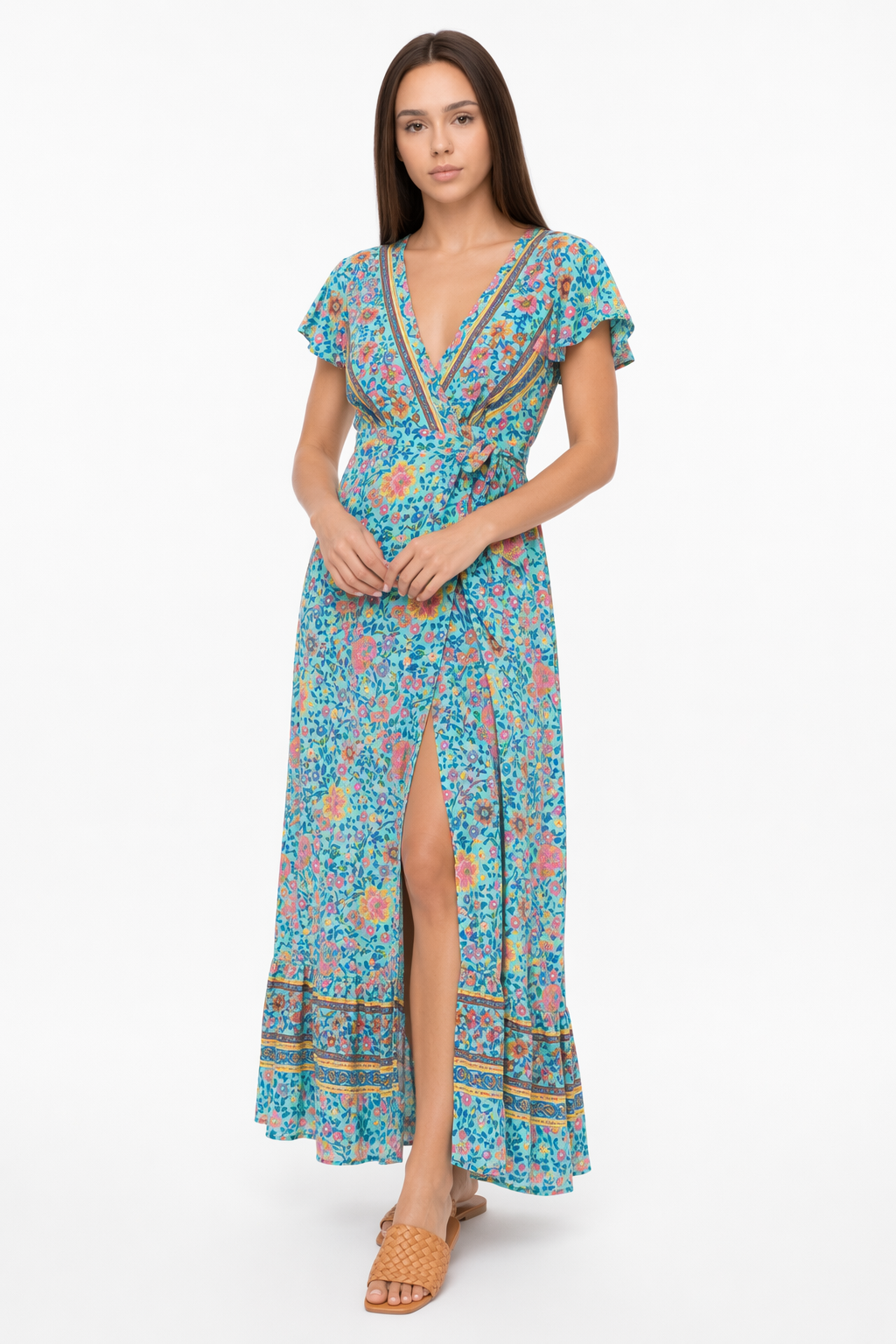 Floral Maxi Dress with V Neck and Wrap Design for Women Blue
