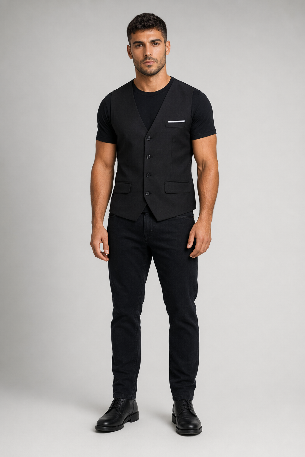 Slim Fit Pocketed Button-Down Men's Vest Black