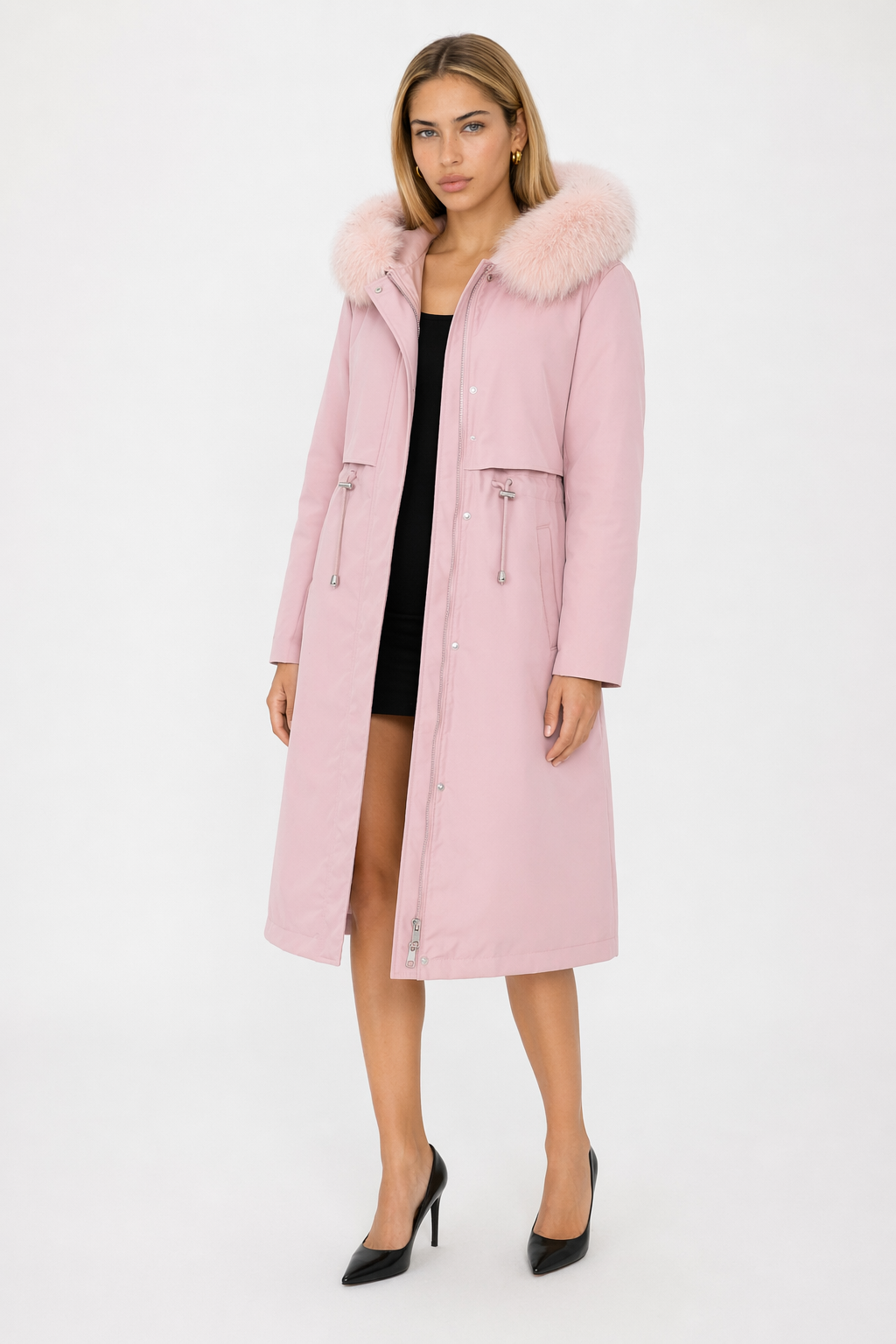 Detachable Faux Fur Lined Women's Long Coat with Hood Pink